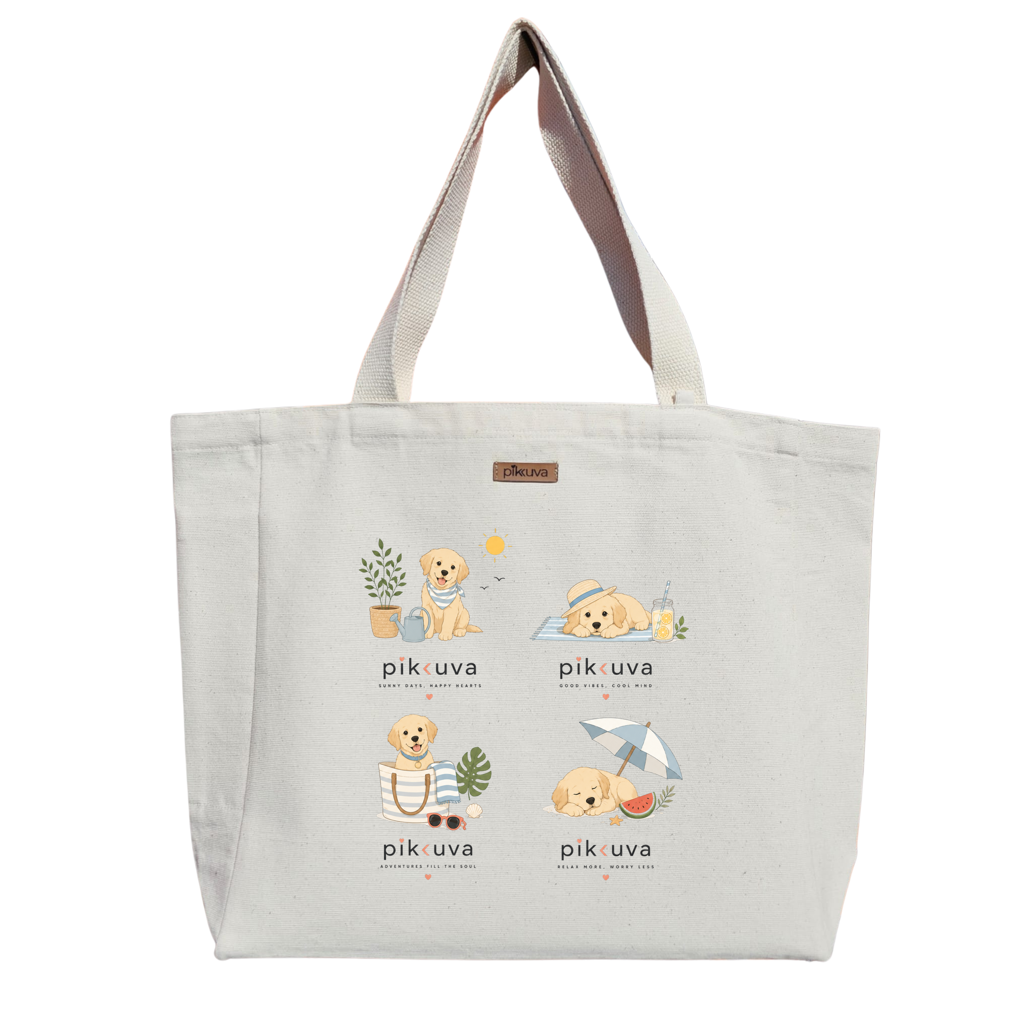 Natural Canvas Tote Bag, Natural Handle, White Velcro, Water Bottle Holder — 20x24