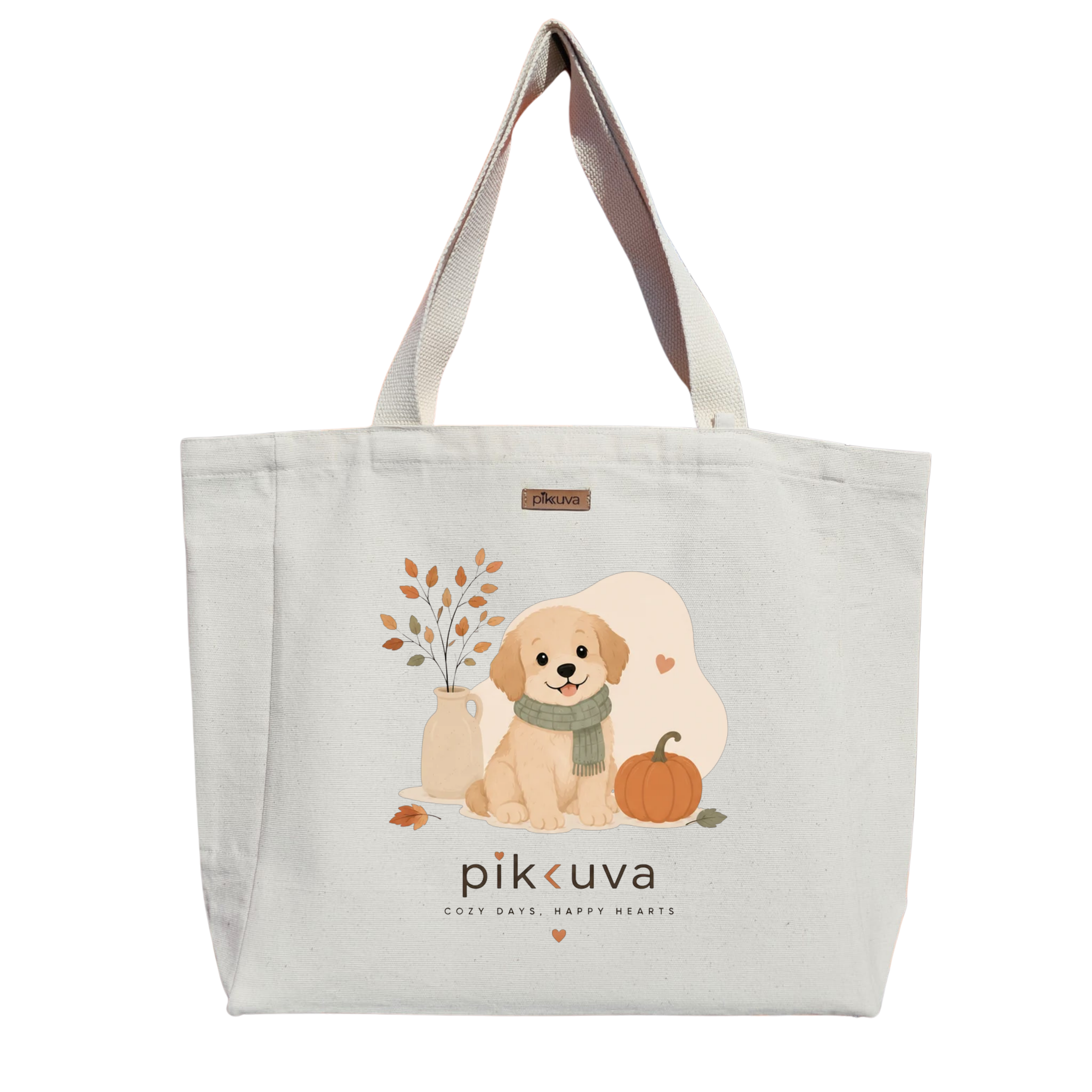 Natural Canvas Tote Bag, Natural Handle, White Velcro, Water Bottle Holder — 20x24