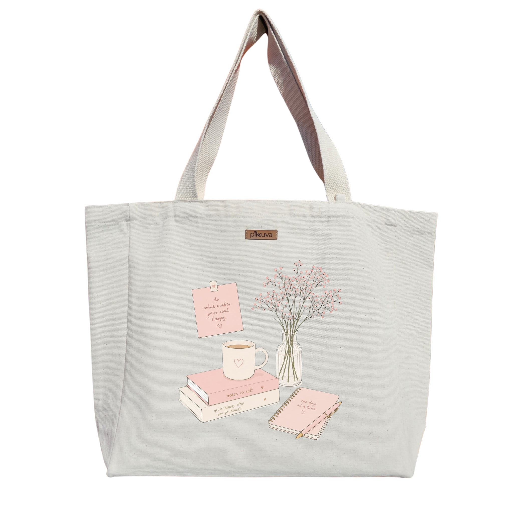 Natural Canvas Tote Bag, Natural Handle, White Velcro, Water Bottle Holder — 20x24
