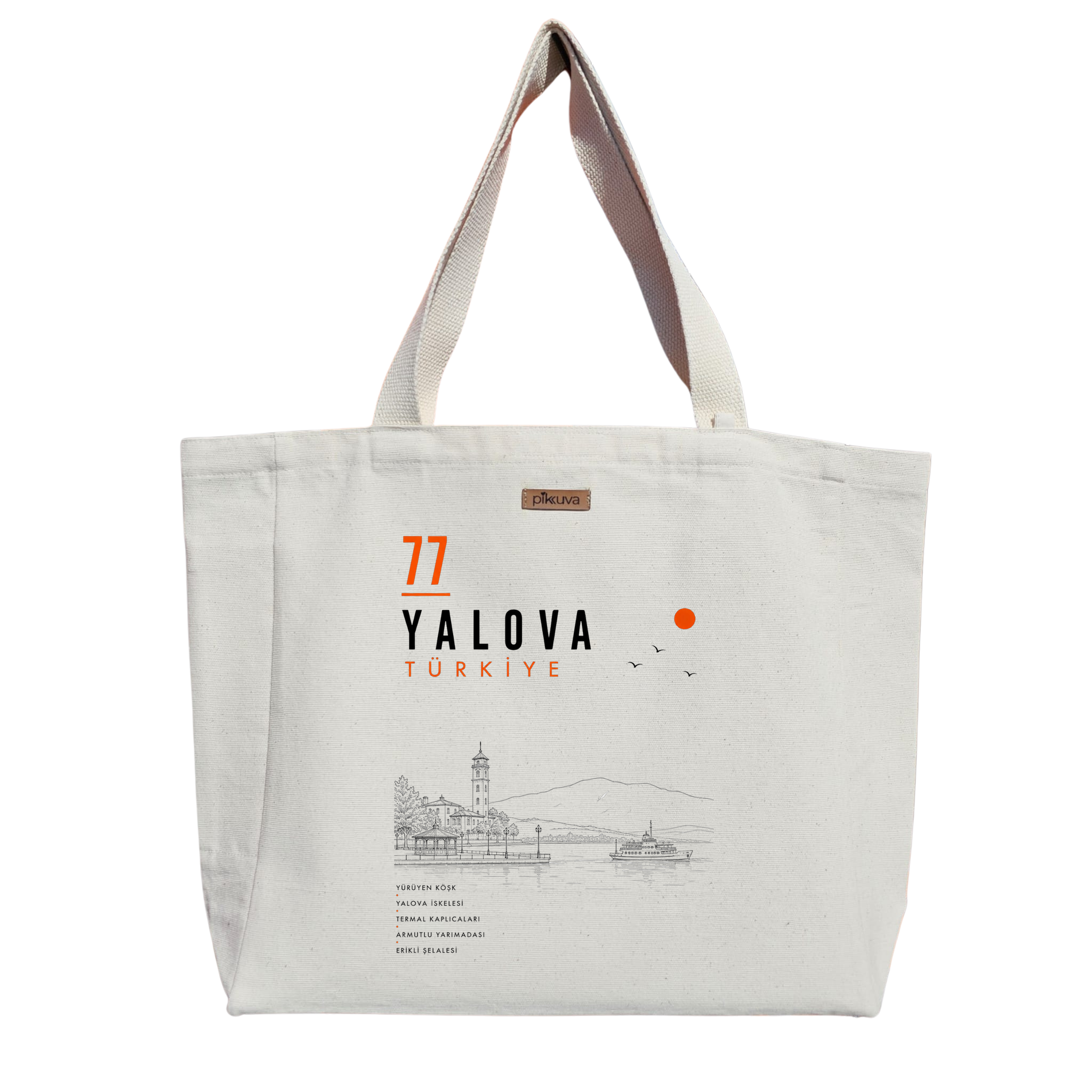 Natural Canvas Tote Bag, Natural Handle, White Velcro, Water Bottle Holder — 20x24