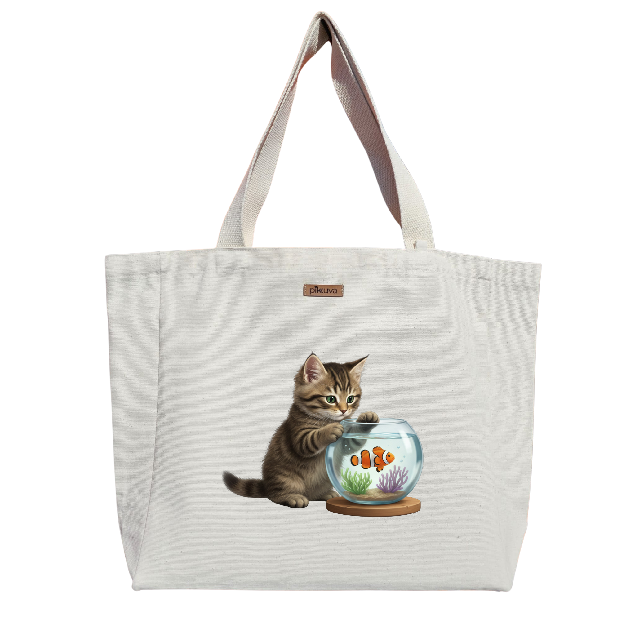 Natural Canvas Tote Bag, Natural Handle, White Velcro, Water Bottle Holder — 20x24