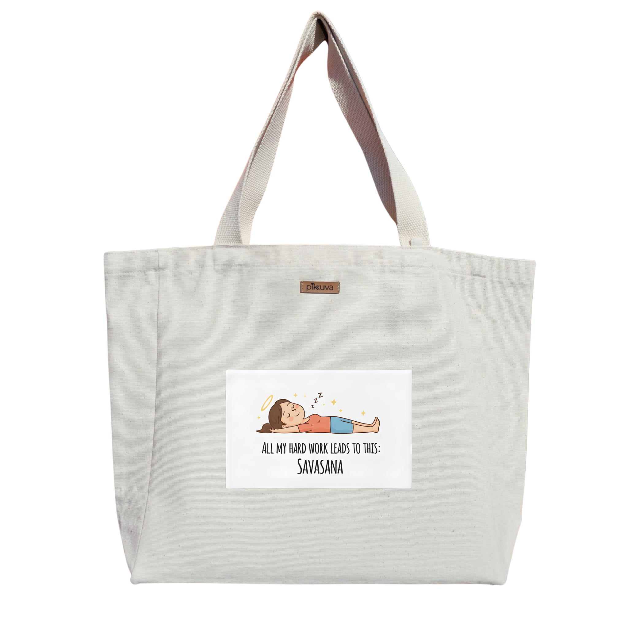 Natural Canvas Tote Bag, Natural Handle, White Velcro, Water Bottle Holder — 20x12