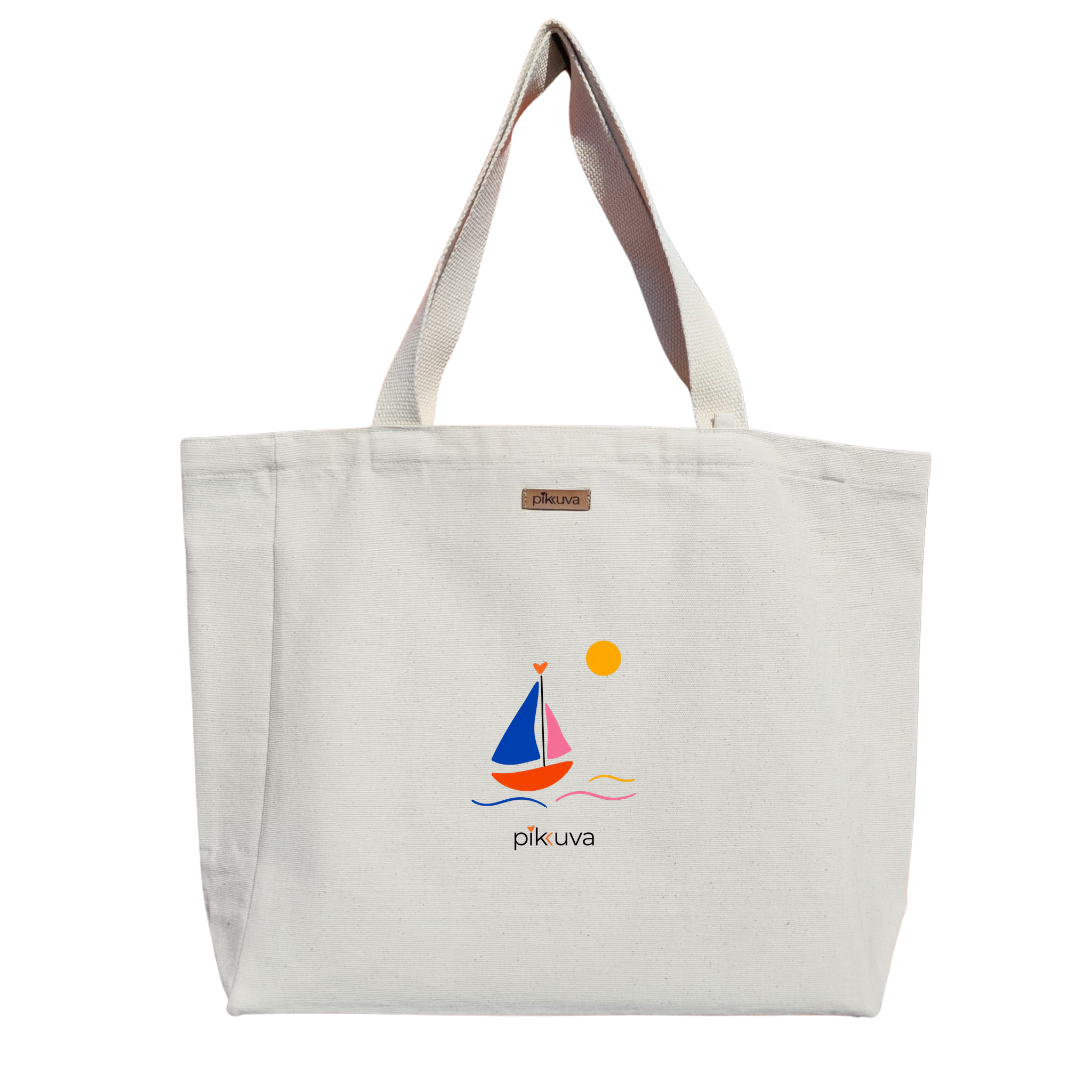 Renkli Yelkenli Bot ve Güneş Colorful sailboat and sun Baskılı Naturel Kanvas Bez Çanta Sap Beyaz Cırt Cırtlı Suluk Tutuculu