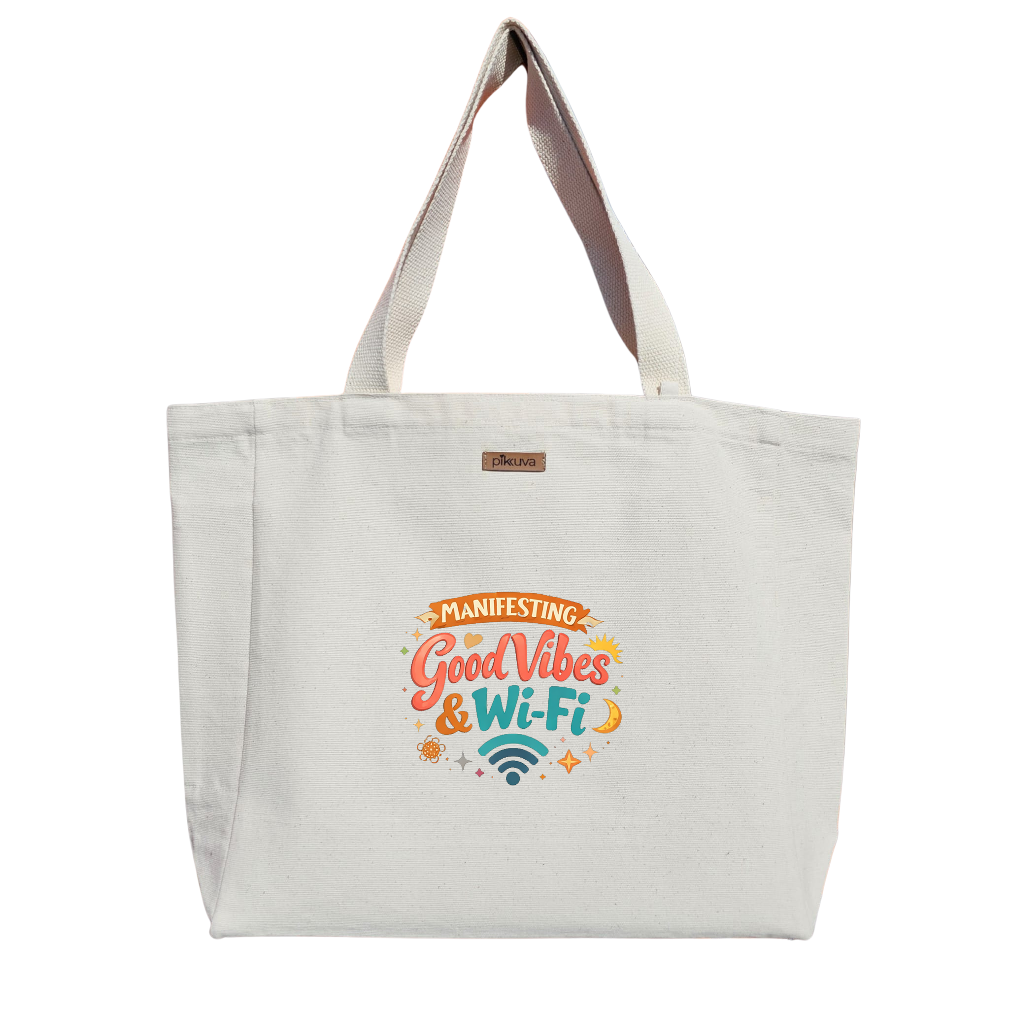 Natural Canvas Tote Bag, Natural Handle, White Velcro, Water Bottle Holder