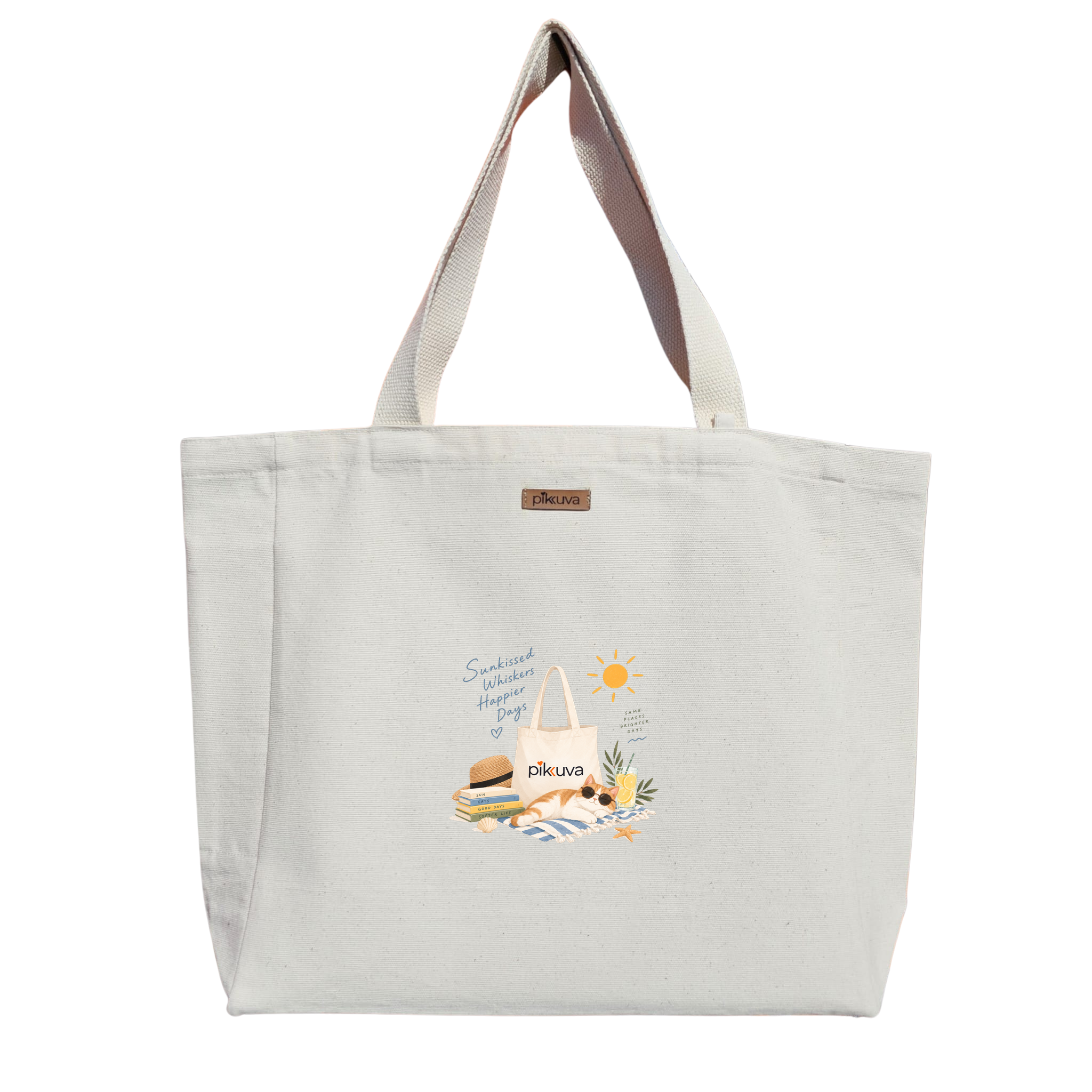 Natural Canvas Tote Bag, Natural Handle, White Velcro, Water Bottle Holder — 12x20
