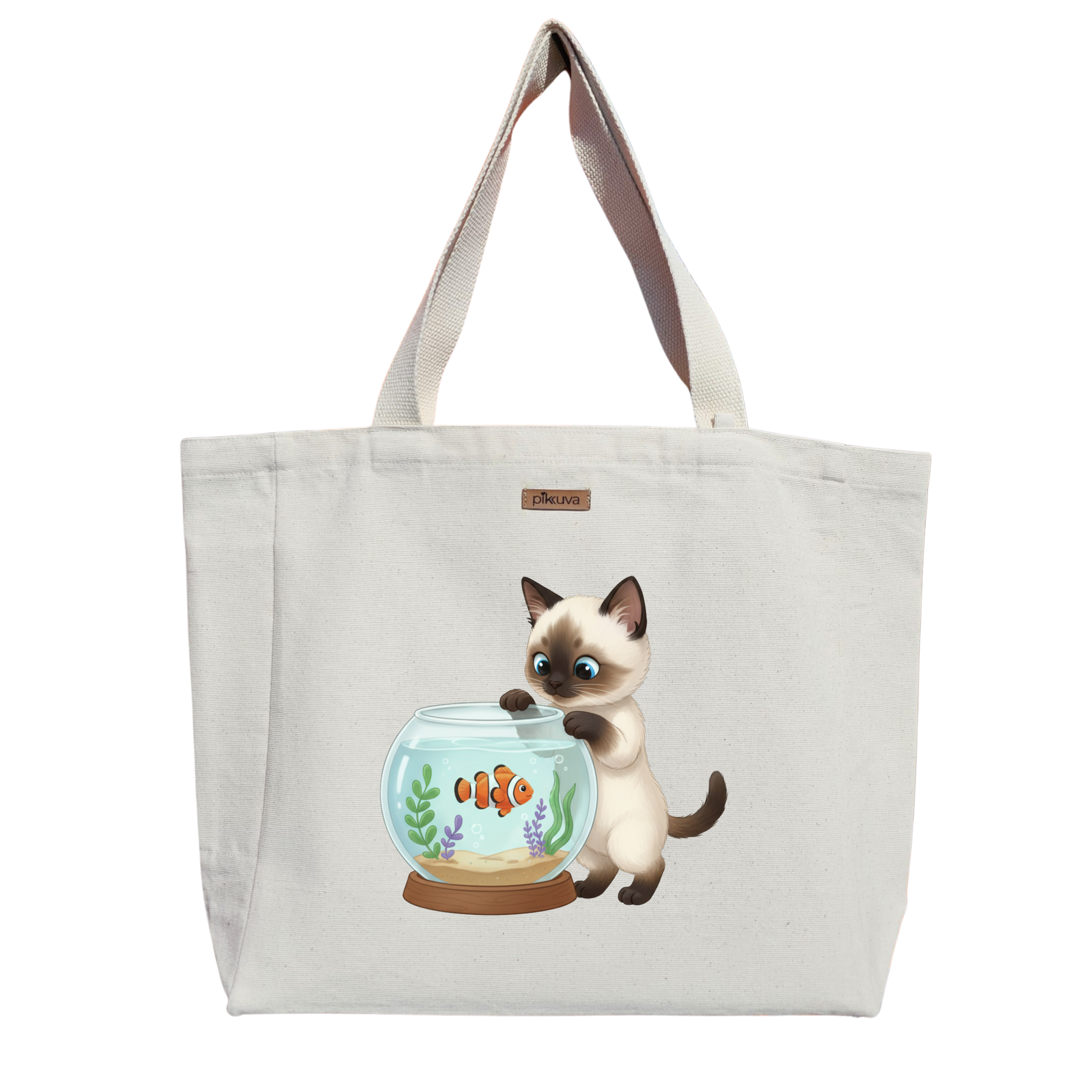 Sevimli Kedi ve Balık Cute Cat and Fish Pastel Mavi Baskılı Naturel Kanvas Bez Çanta Sap Beyaz Cırt Cırtlı Suluk Tutuculu — 20x24