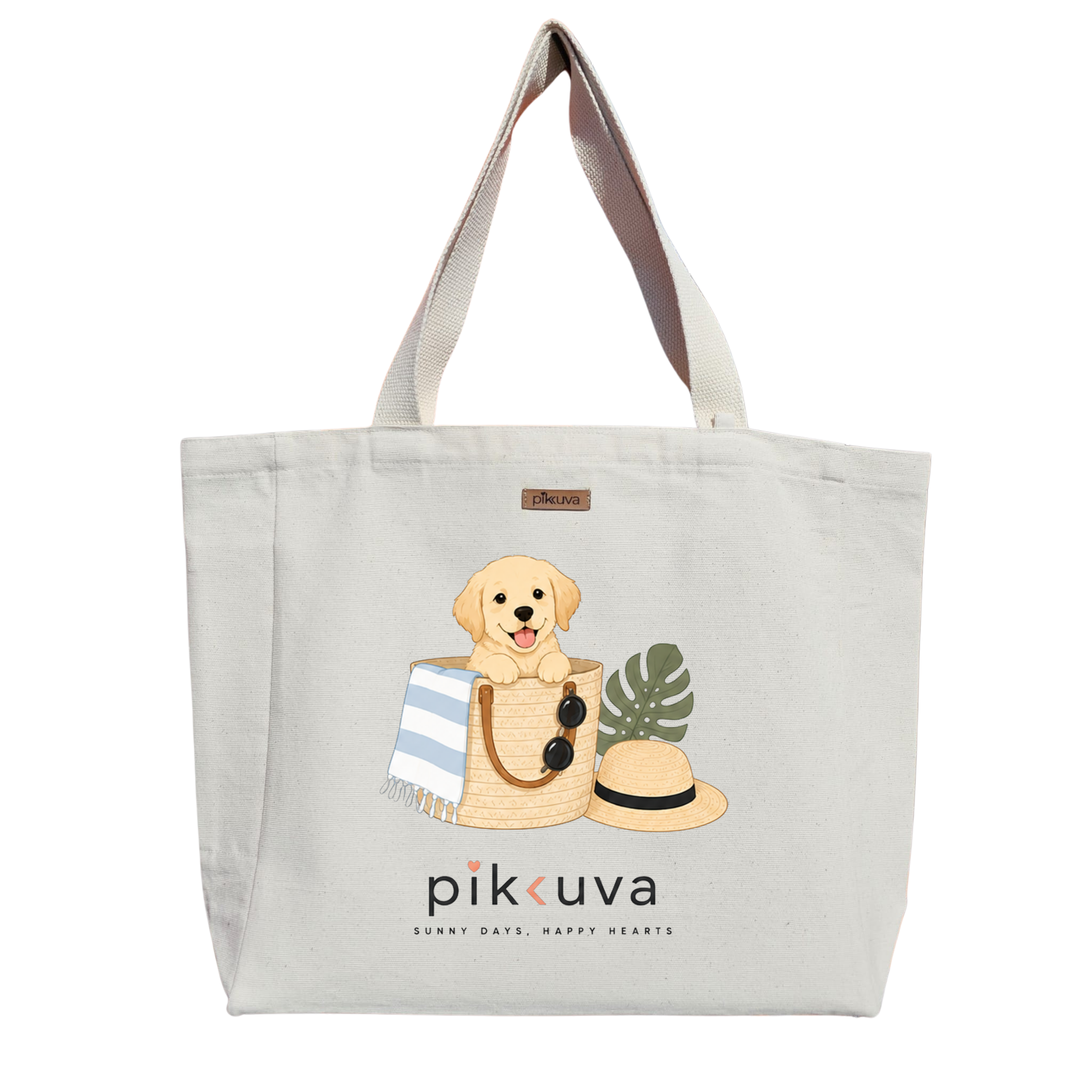 Natural Canvas Tote Bag, Natural Handle, White Velcro, Water Bottle Holder — 20x24