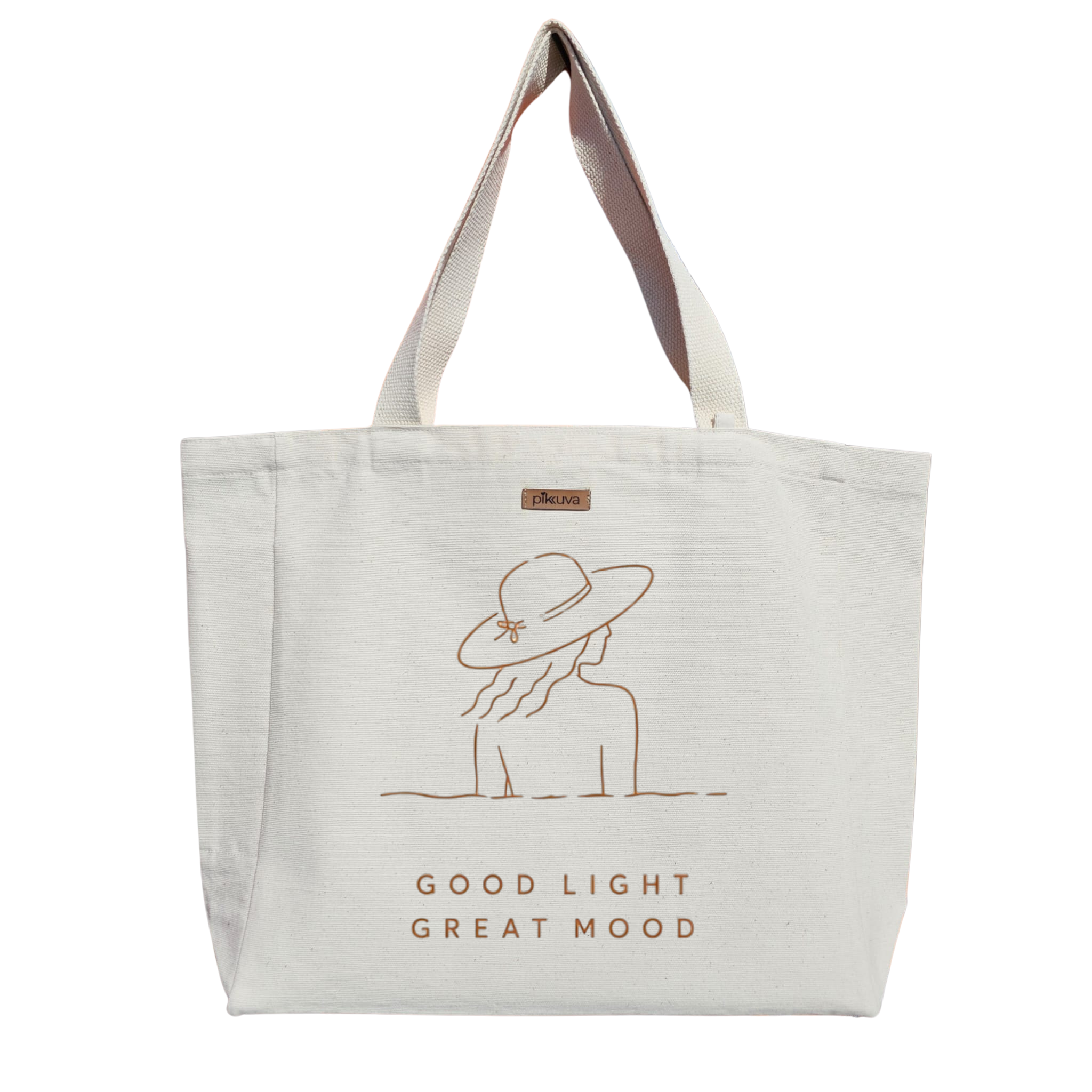 Natural Canvas Tote Bag, Natural Handle, White Velcro, Water Bottle Holder — 20x24
