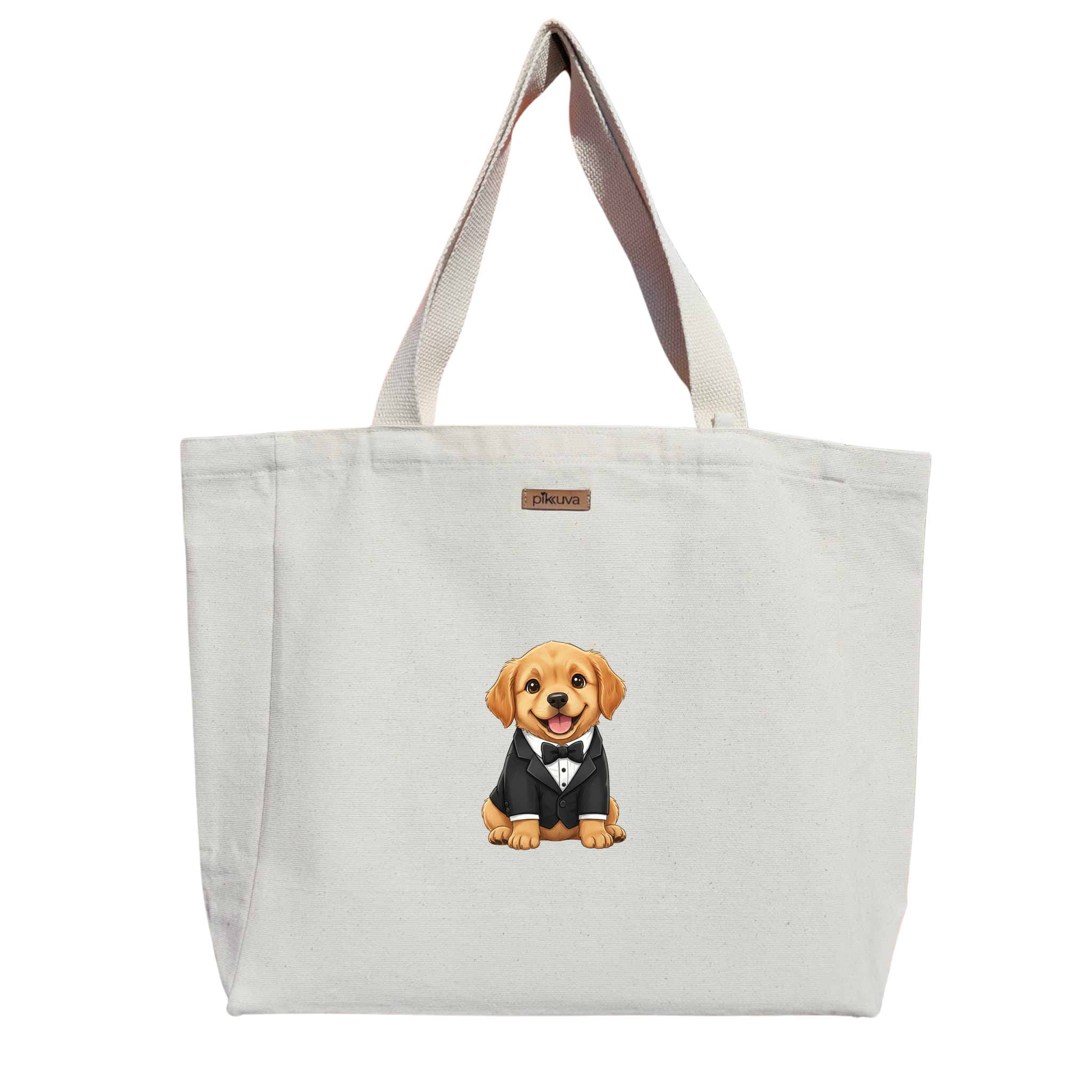 Natural Canvas Tote Bag, Natural Handle, White Velcro, Water Bottle Holder