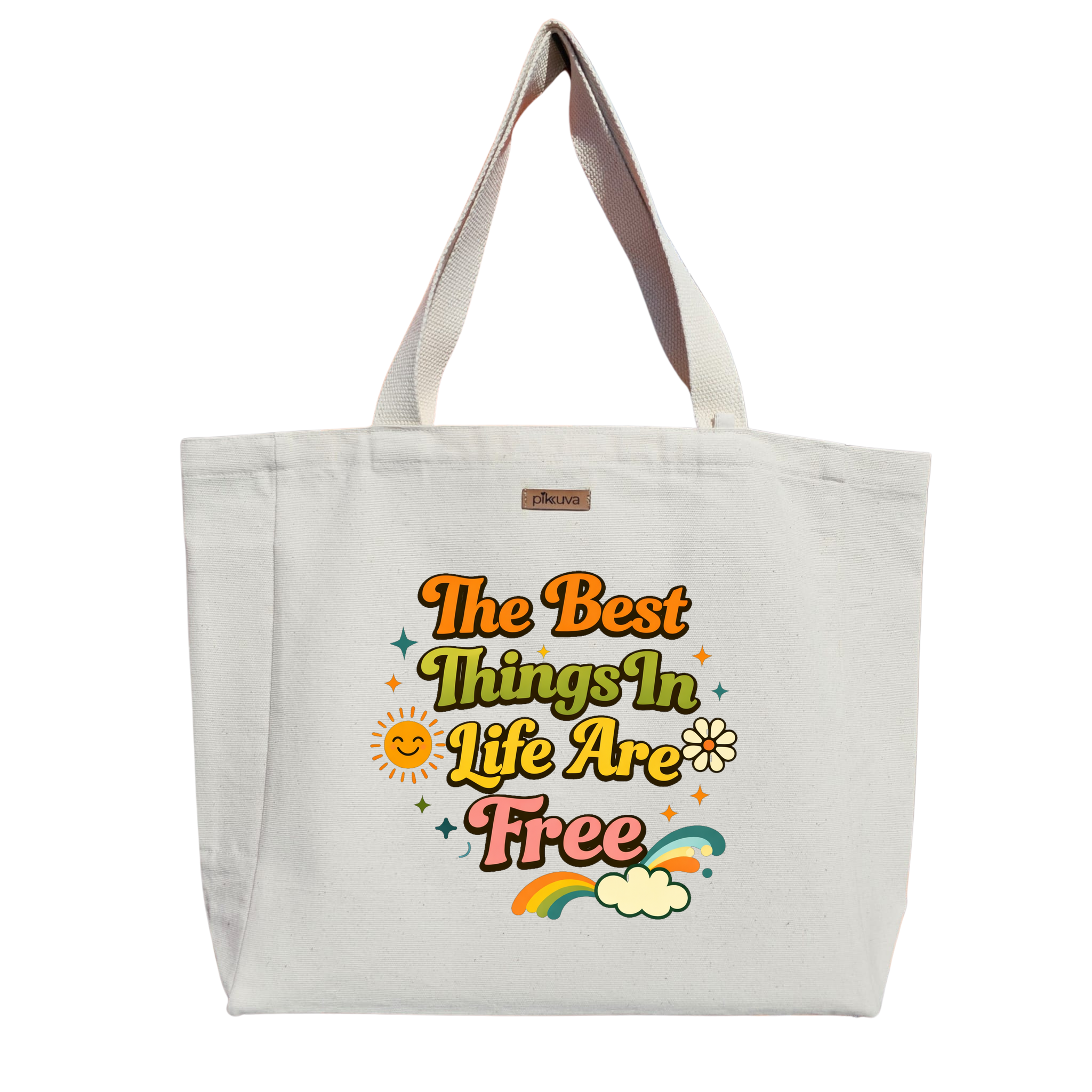 Canlı Sarı Güneşli Logo Retro Stil Tasarımı En İyi Şeyler Ücretsizdir Baskılı Naturel Kanvas Bez Çanta Sap Beyaz Cırt Cırtlı Suluk Tutuculu — 24x20