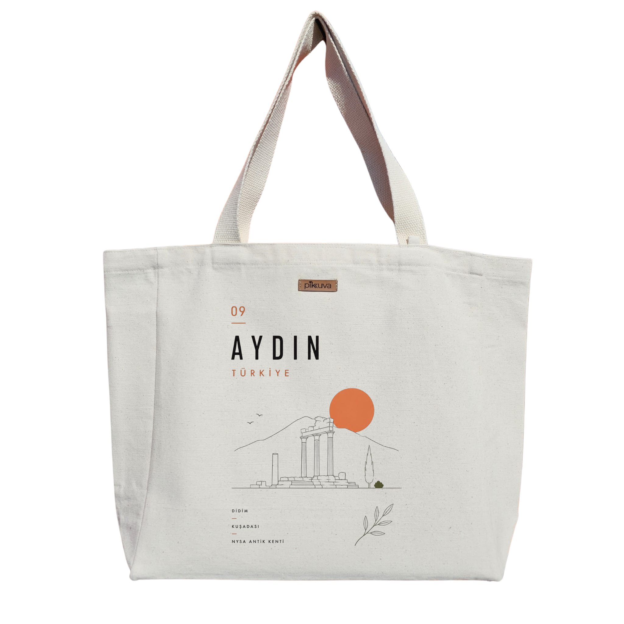 Natural Canvas Tote Bag, Natural Handle, White Velcro, Water Bottle Holder — 20x24