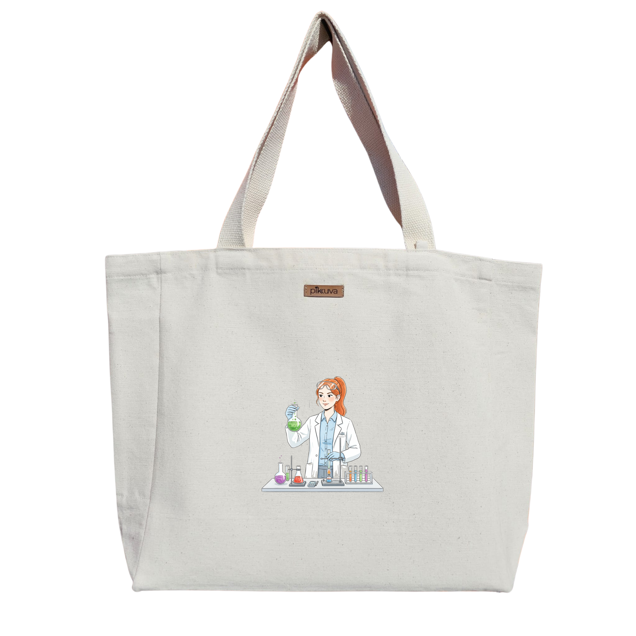 Natural Canvas Tote Bag, Natural Handle, White Velcro, Water Bottle Holder — 12x20