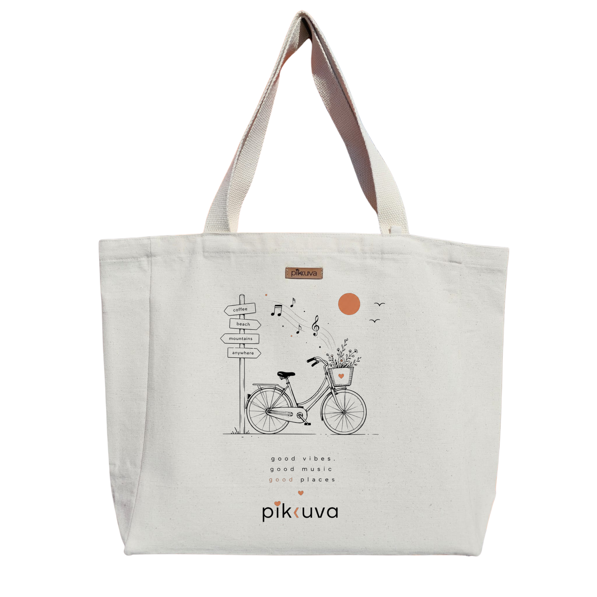 Natural Canvas Tote Bag, Natural Handle, White Velcro, Water Bottle Holder — 20x24