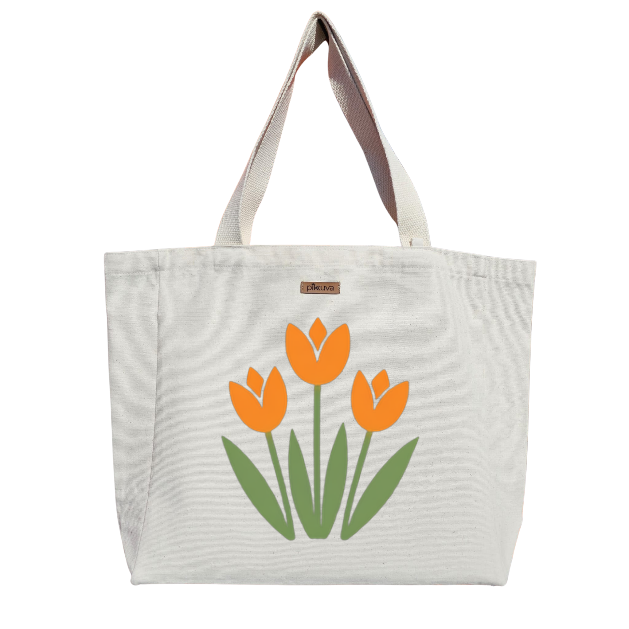 Turuncu Lale Deseni Orange Tulip Pattern Baskılıı Naturel Kanvas Bez Çanta Sap Beyaz Cırt Cırtlı Suluk Tutuculu — 20x24