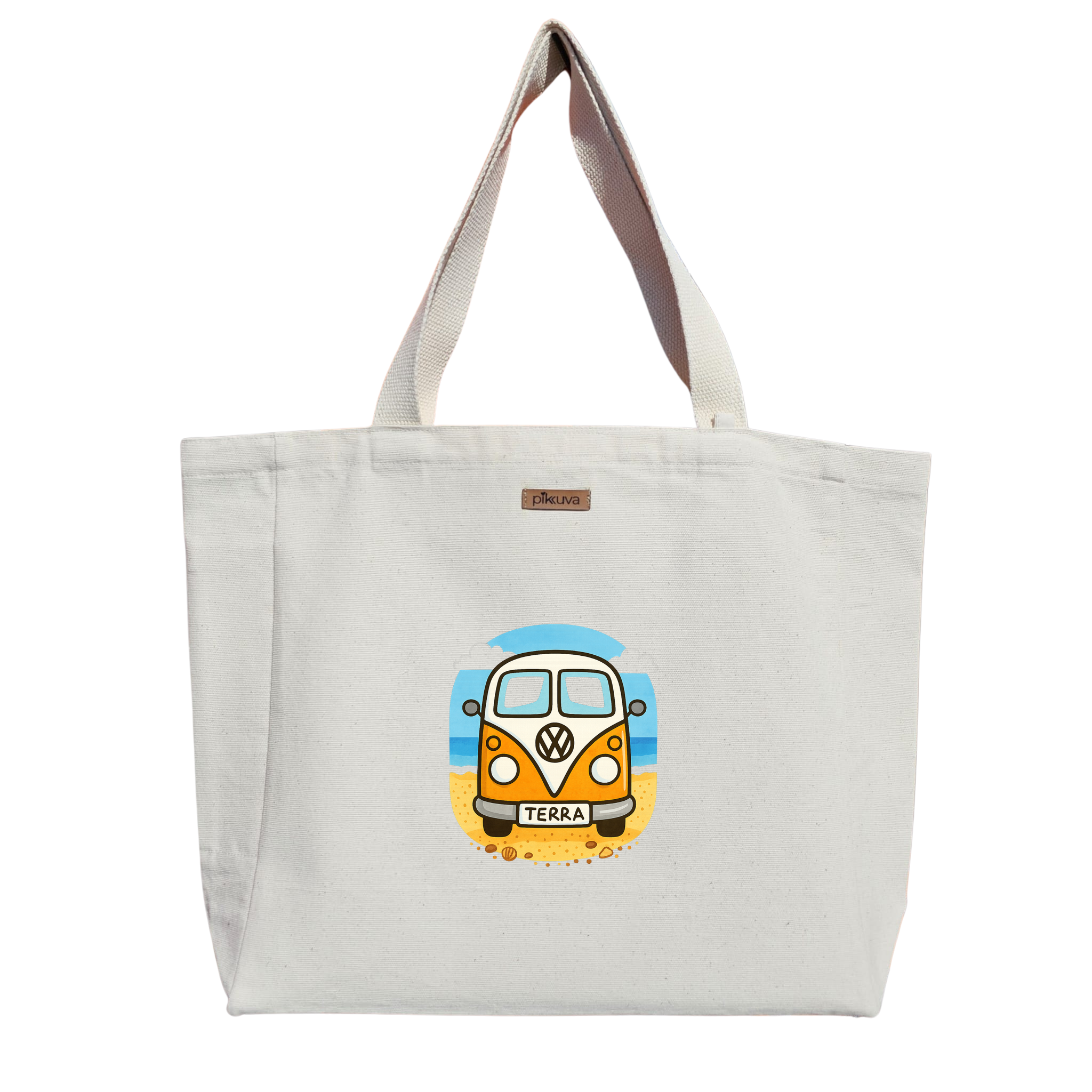 Natural Canvas Tote Bag, Natural Handle, White Velcro, Water Bottle Holder — 12x20