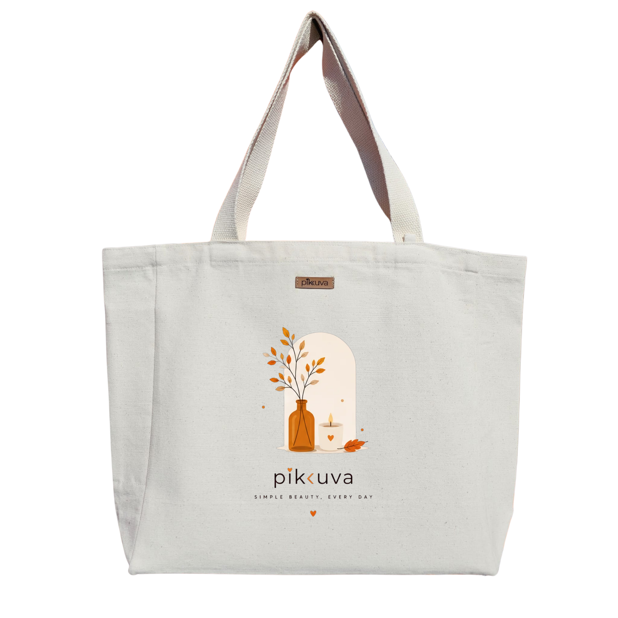 Natural Canvas Tote Bag, Natural Handle, White Velcro, Water Bottle Holder — 12x20