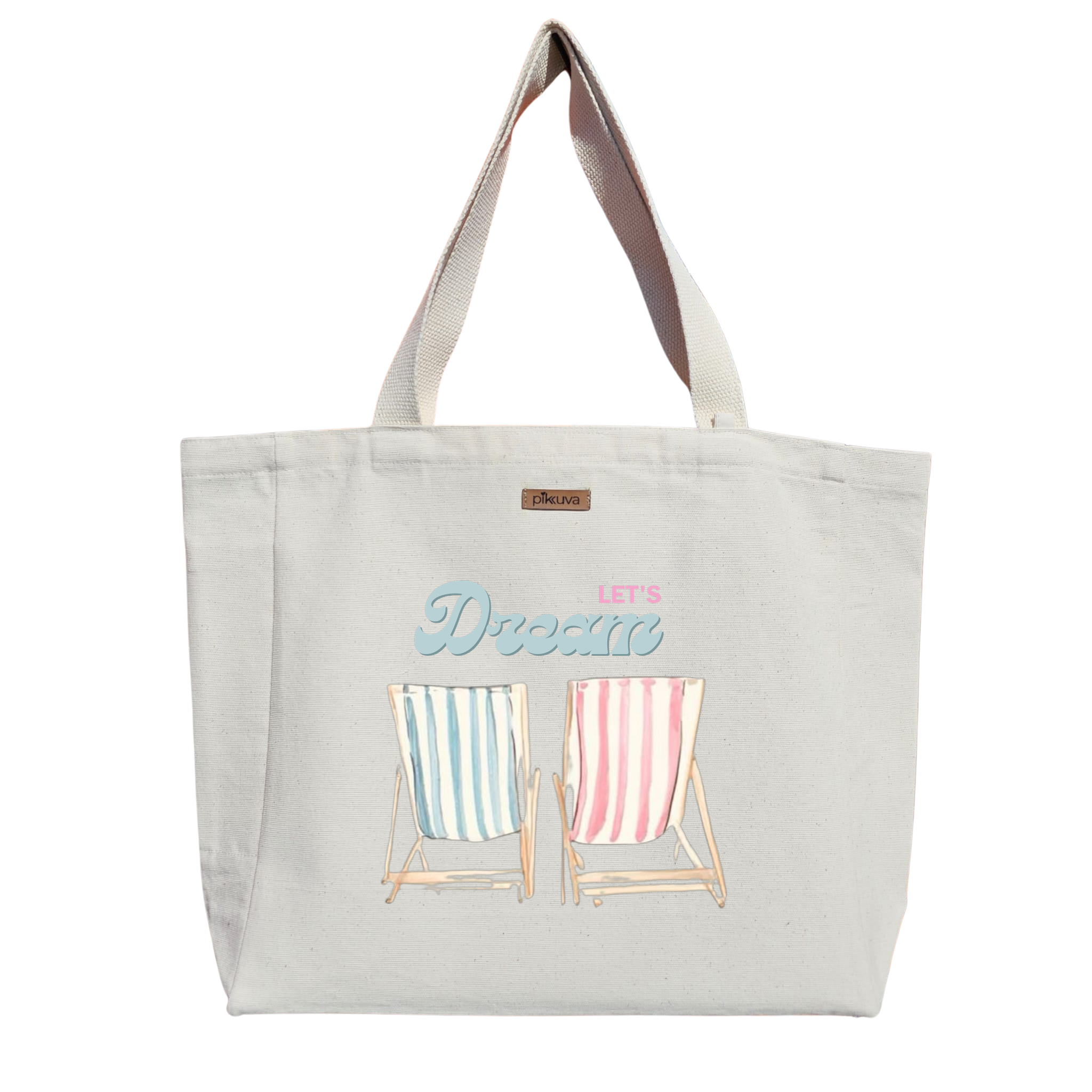 Natural Canvas Tote Bag, Natural Handle, White Velcro, Water Bottle Holder — 20x24