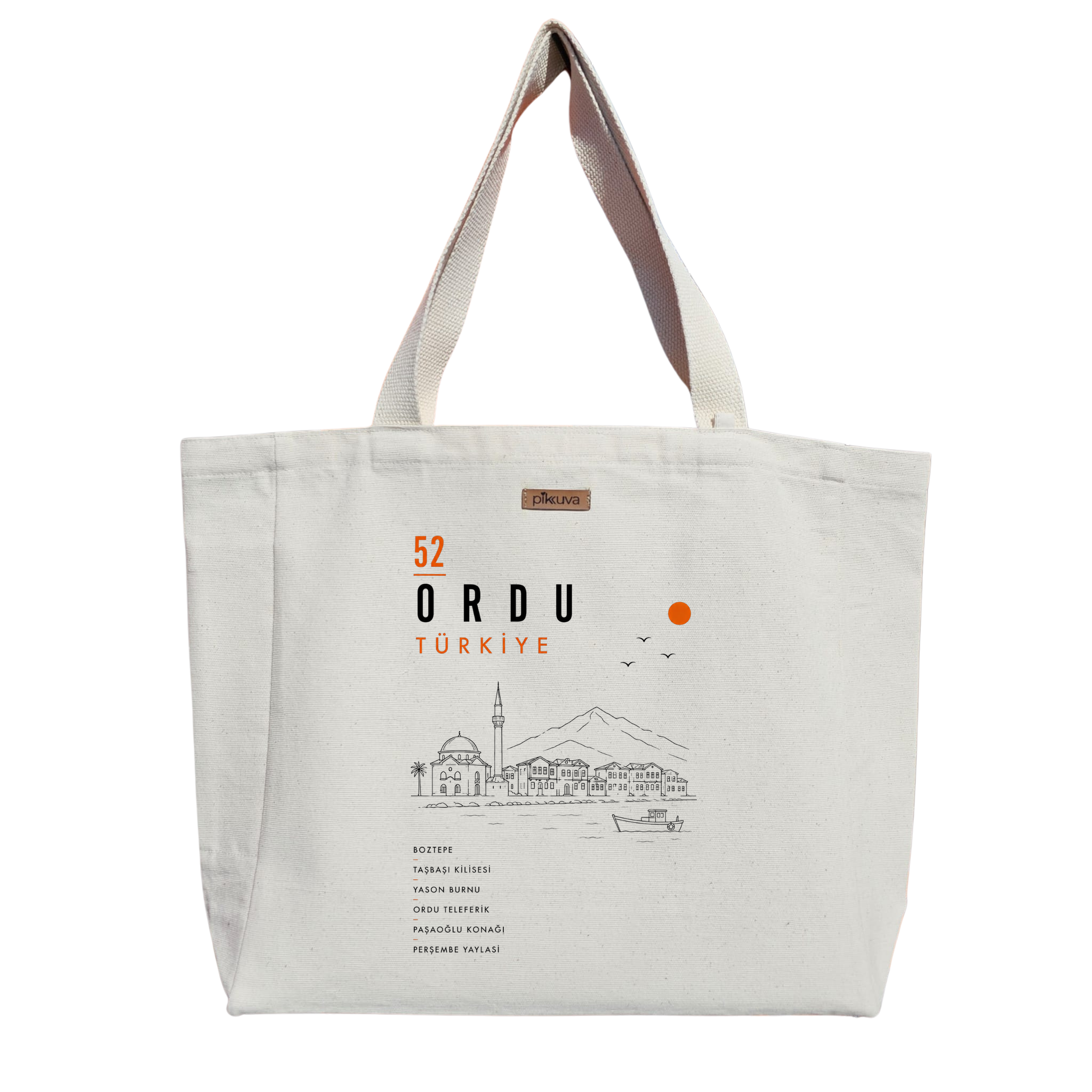 Natural Canvas Tote Bag, Natural Handle, White Velcro, Water Bottle Holder — 20x24