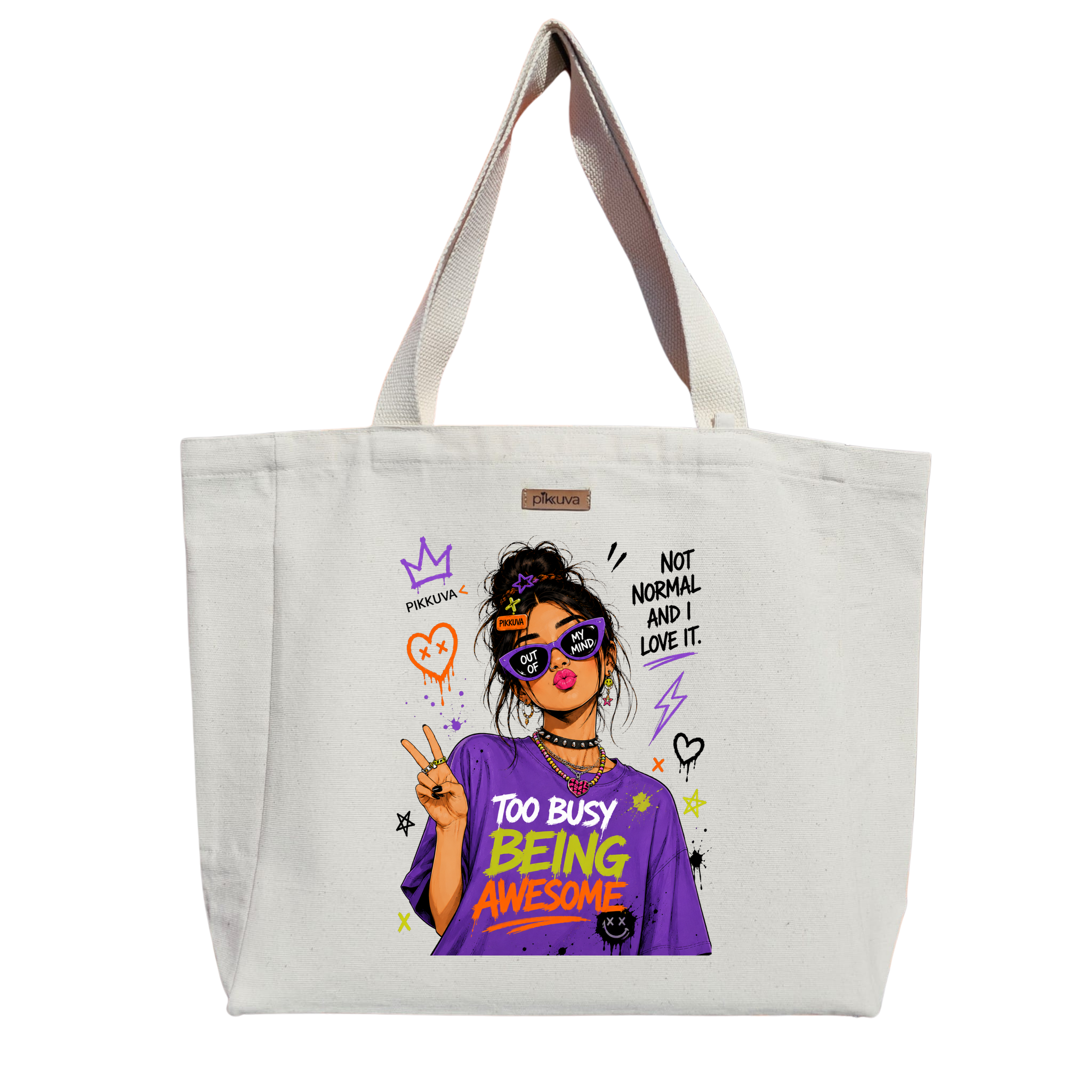 Natural Canvas Tote Bag, Natural Handle, White Velcro, Water Bottle Holder — 20x24