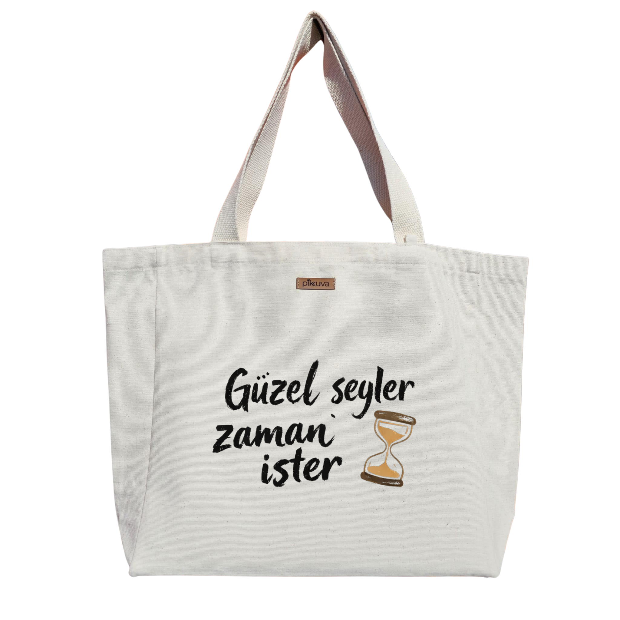 Natural Canvas Tote Bag, Natural Handle, White Velcro, Water Bottle Holder