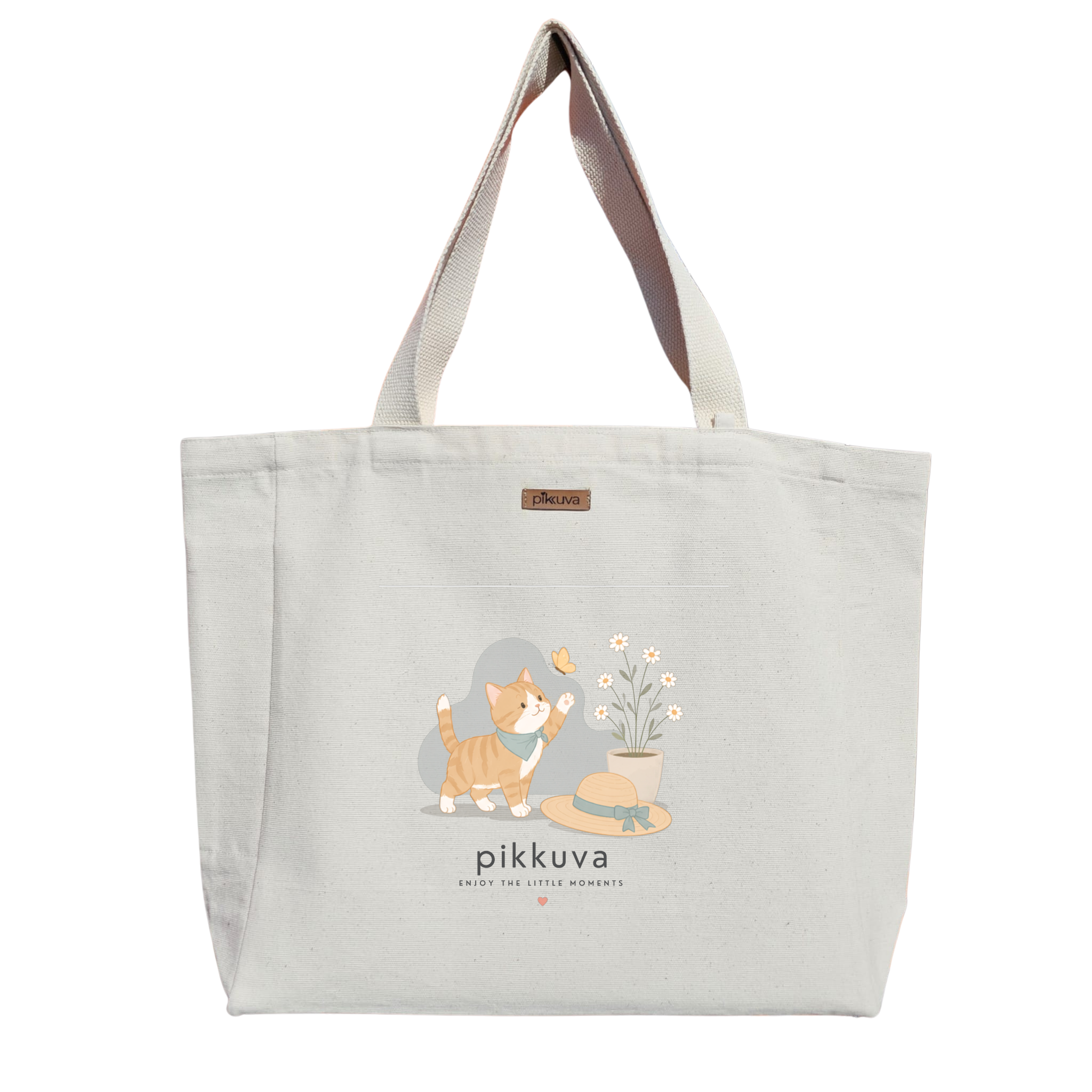 Natural Canvas Tote Bag, Natural Handle, White Velcro, Water Bottle Holder — 20x24