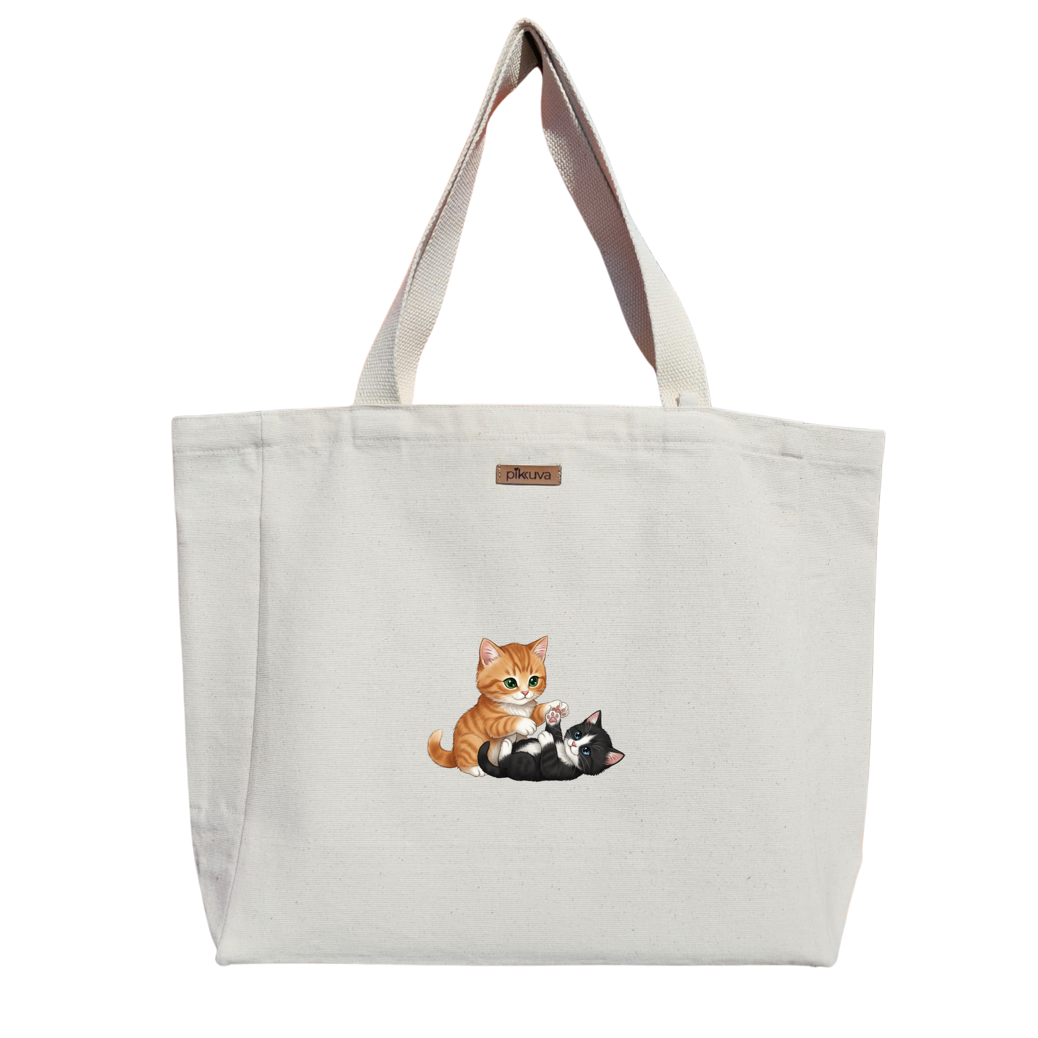 Natural Canvas Tote Bag, Natural Handle, White Velcro, Water Bottle Holder — 12x20