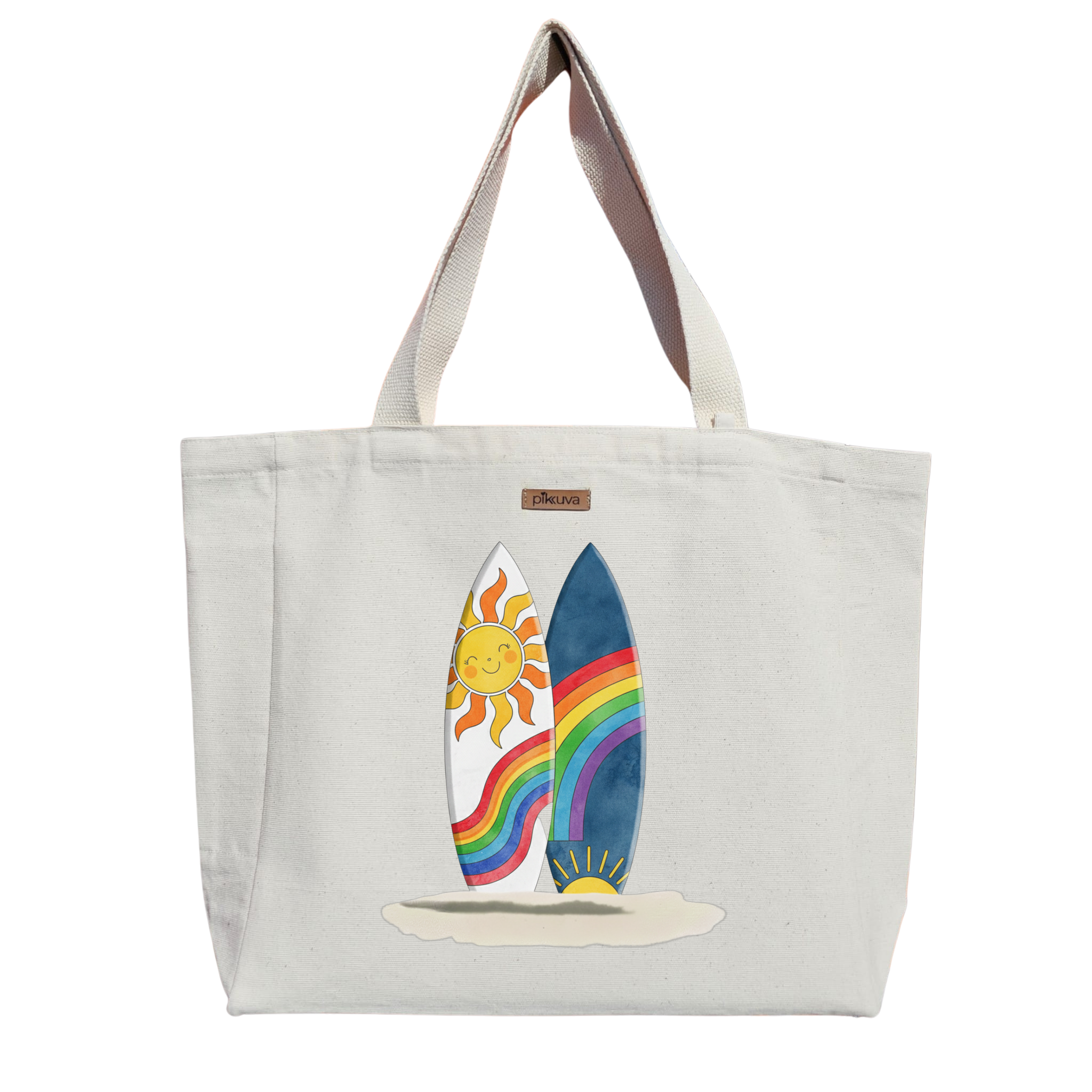 Natural Canvas Tote Bag, Natural Handle, White Velcro, Water Bottle Holder — 20x24