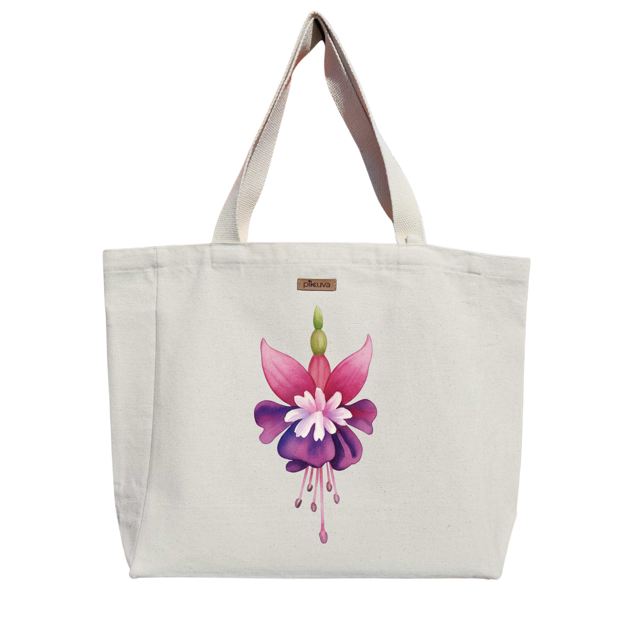 Renkli Fuchsia Çiçeği Tasarımı flower Baskılı Naturel Kanvas Bez Çanta Sap Beyaz Cırt Cırtlı Suluk Tutuculu — 20x24