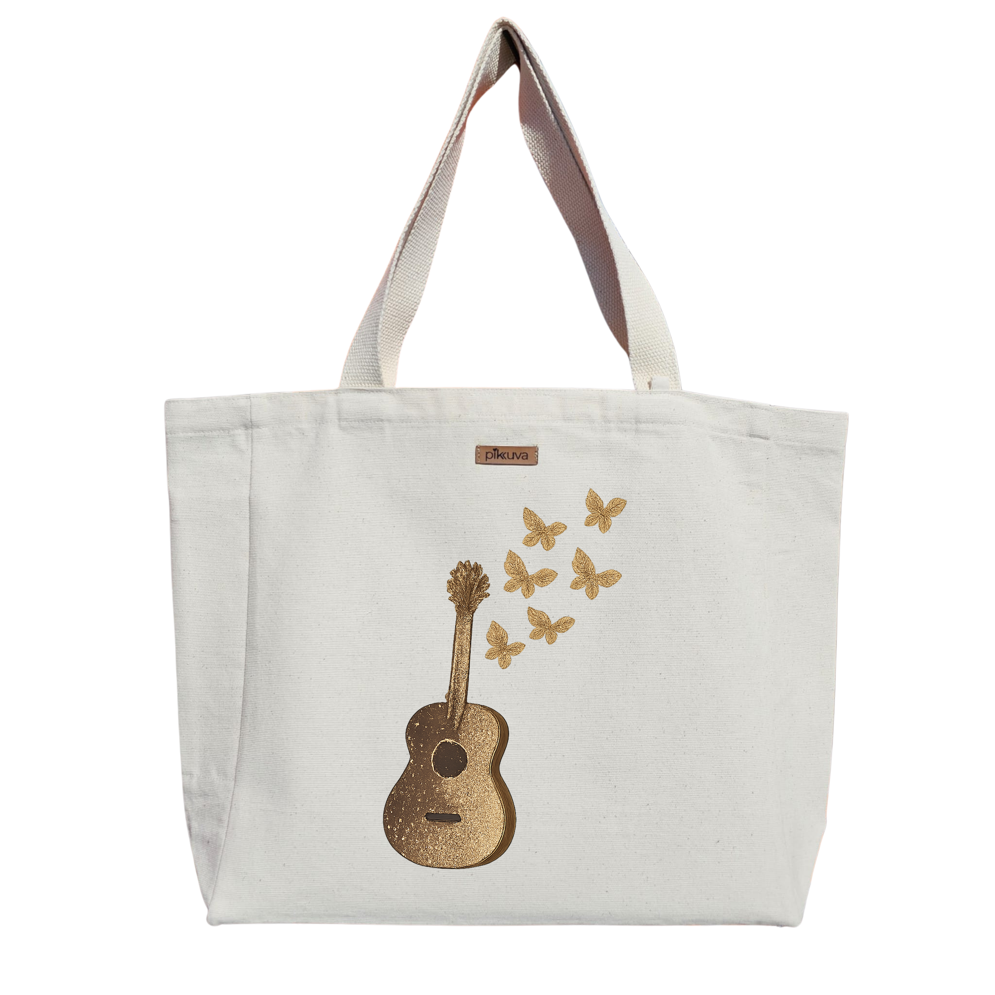 Altın Gitar ve Kelebekler Gold guitar and butterflies Baskılı Naturel Kanvas Bez Çanta Sap Beyaz Cırt Cırtlı Suluk Tutuculu — 20x24