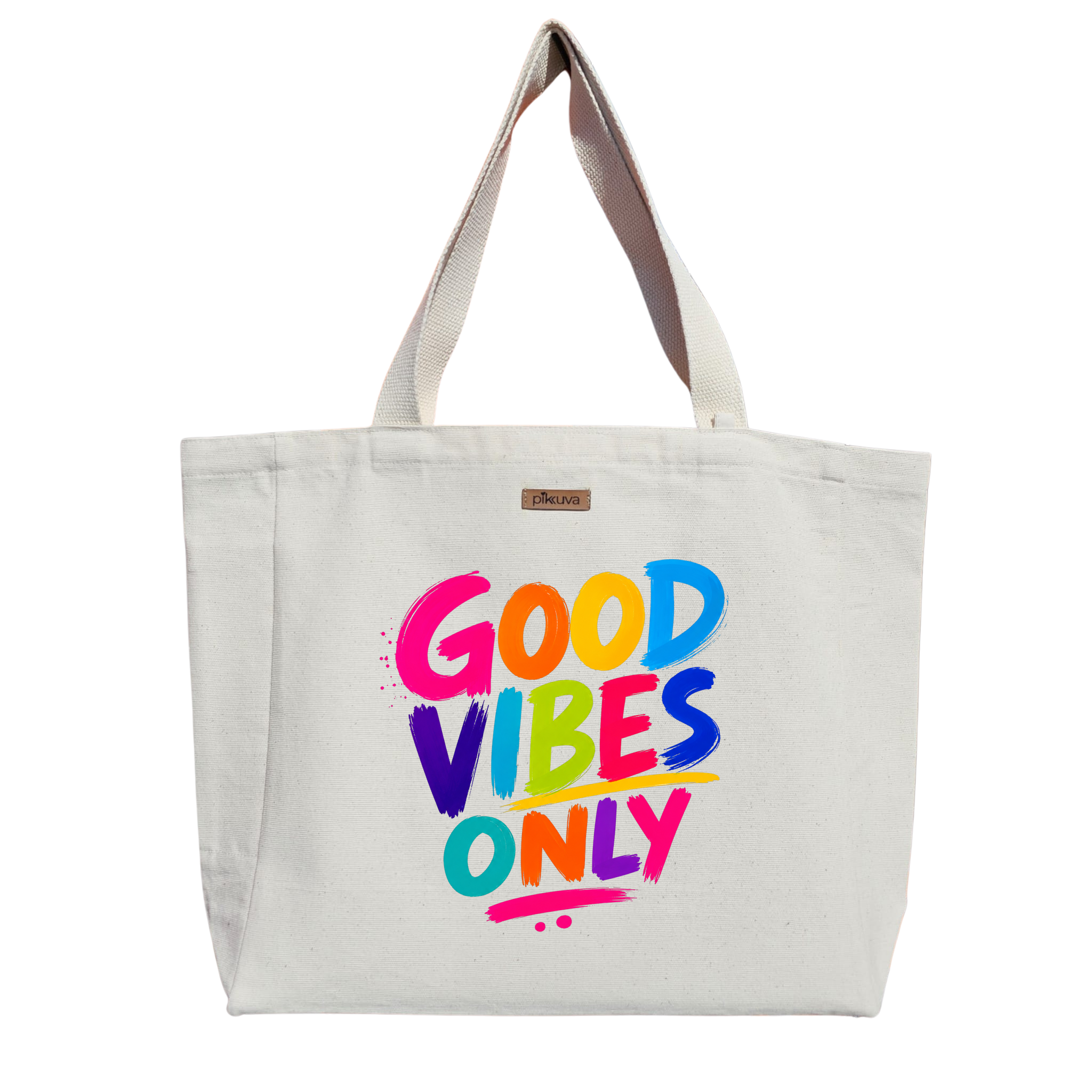 Natural Canvas Tote Bag, Natural Handle, White Velcro, Water Bottle Holder — 20x24