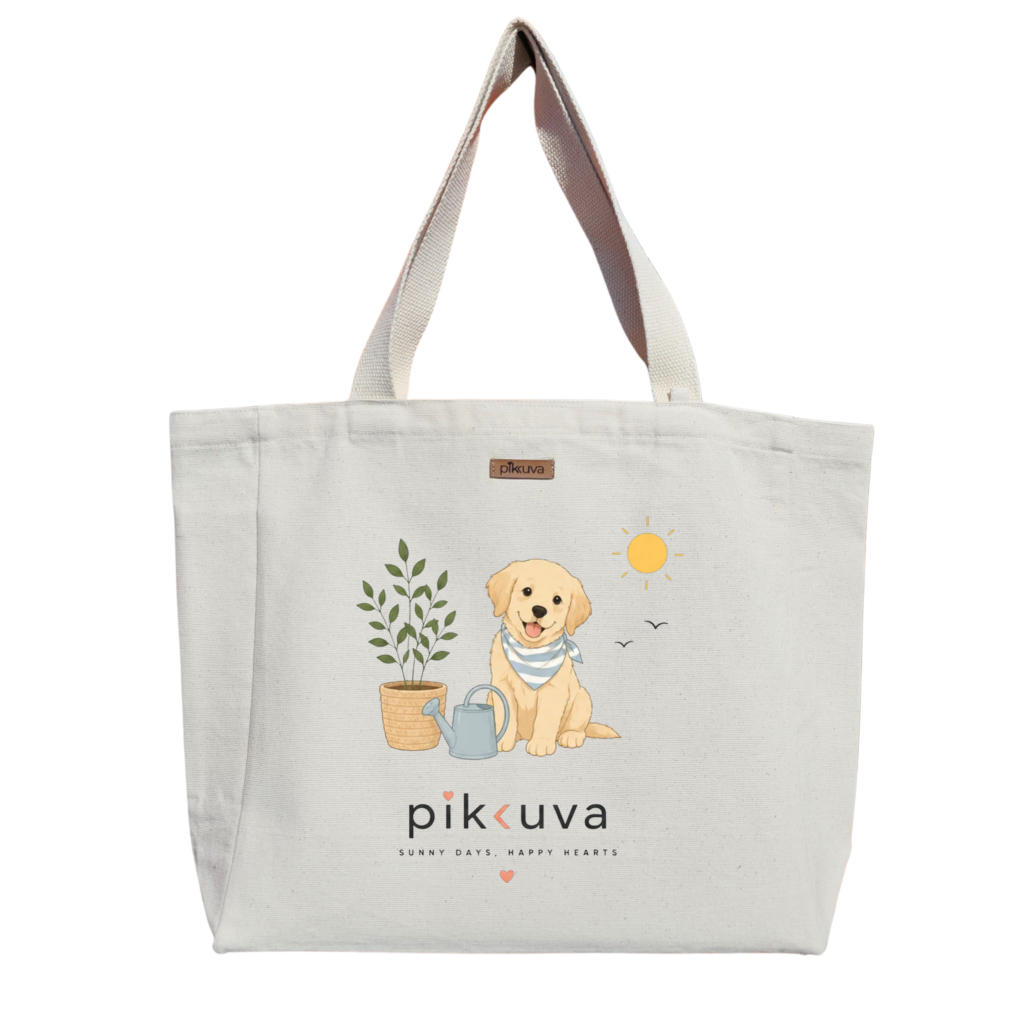 Natural Canvas Tote Bag, Natural Handle, White Velcro, Water Bottle Holder — 20x24