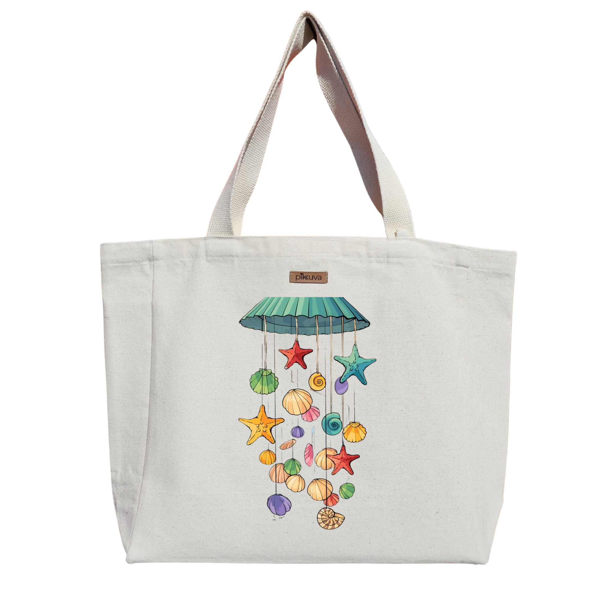 Natural Canvas Tote Bag, Natural Handle, White Velcro, Water Bottle Holder — 20x24