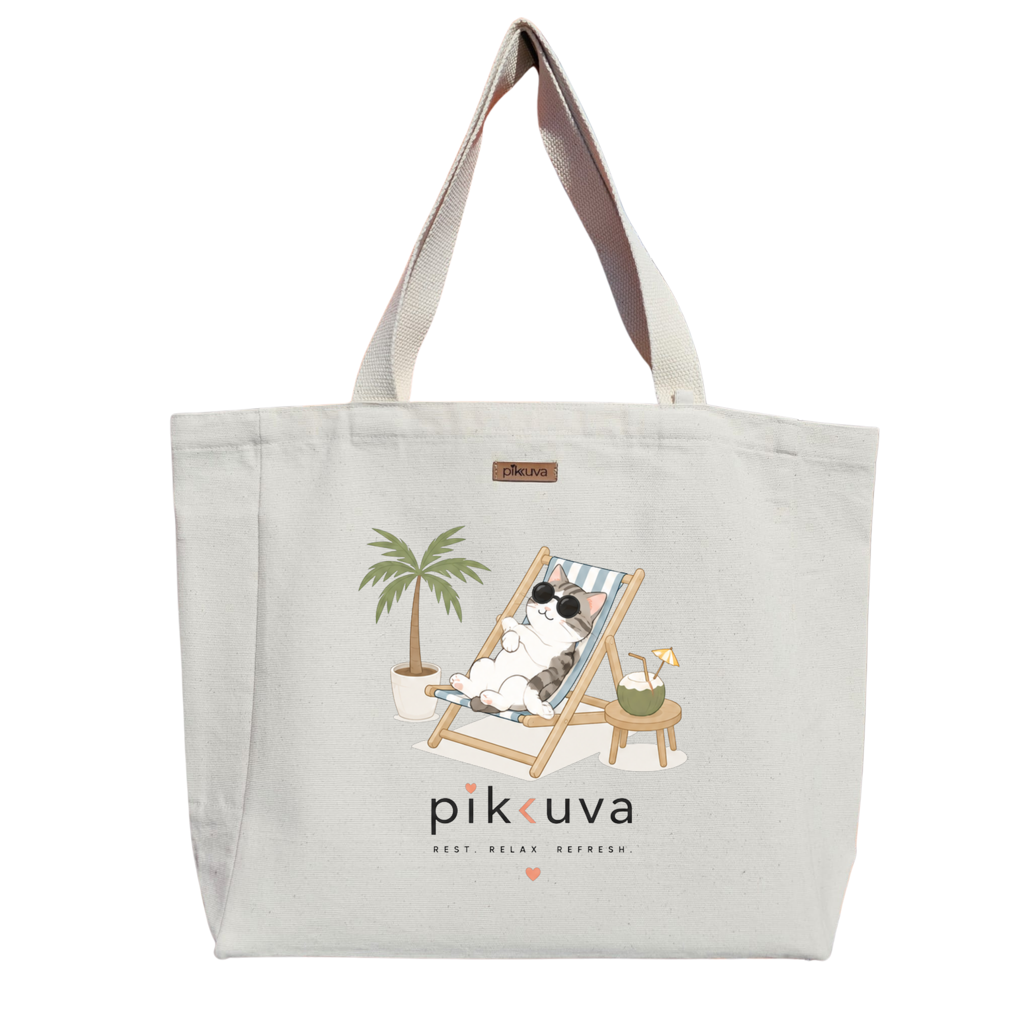 Natural Canvas Tote Bag, Natural Handle, White Velcro, Water Bottle Holder — 20x24