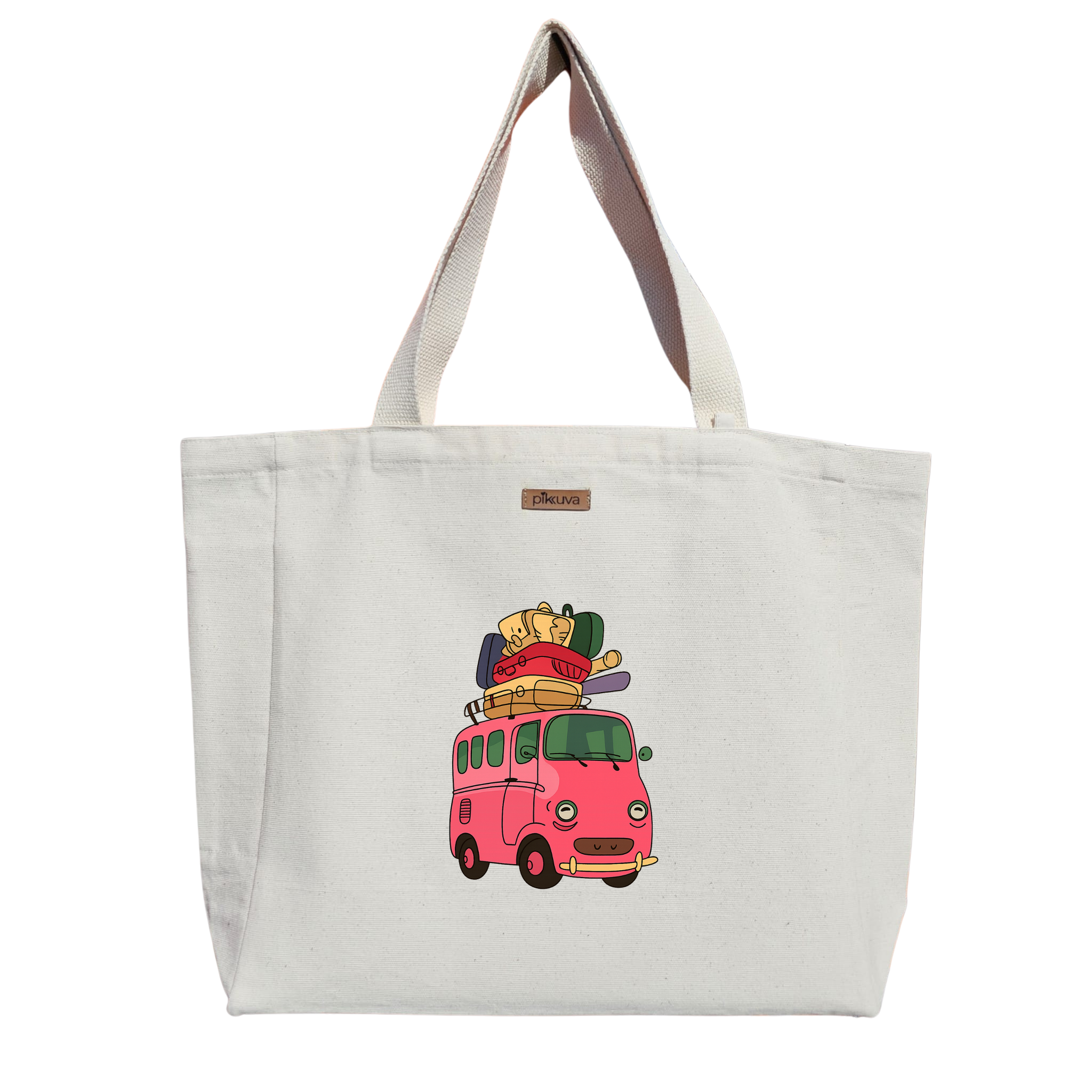 Natural Canvas Tote Bag, Natural Handle, White Velcro, Water Bottle Holder — 12x20