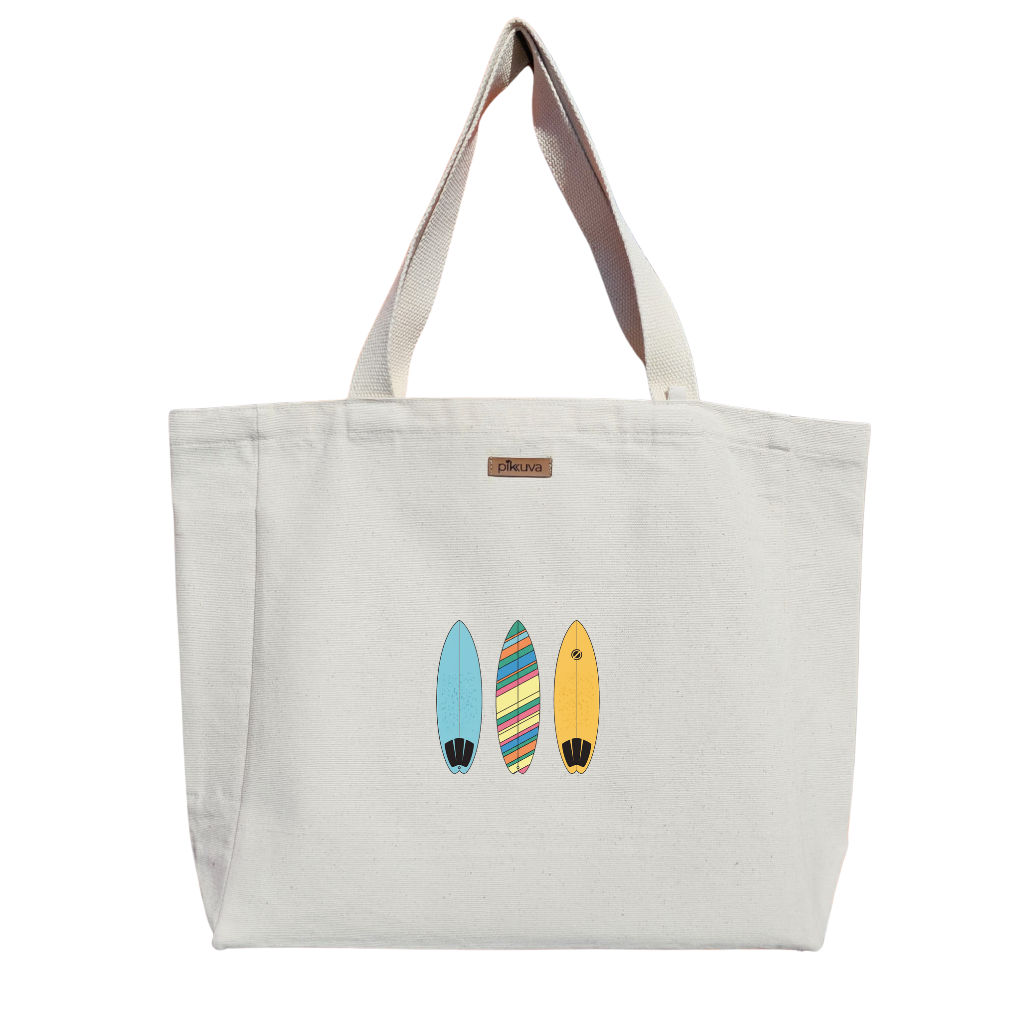 Renkli Sörf Tahtaları Deseni Colorful surfboards pattern Baskılı Naturel Kanvas Bez Çanta Sap Beyaz Cırt Cırtlı Suluk Tutuculu
