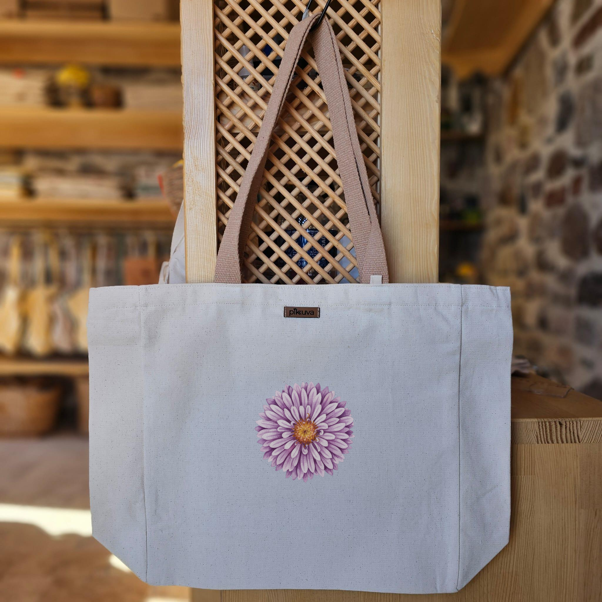 Mor Çiçek Detayı Flower Detail Baskılı Naturel Kanvas Bez Çanta Açık Kahve Sap Beyaz Cırt Cırtlı Suluk Tutuculu — 12x20