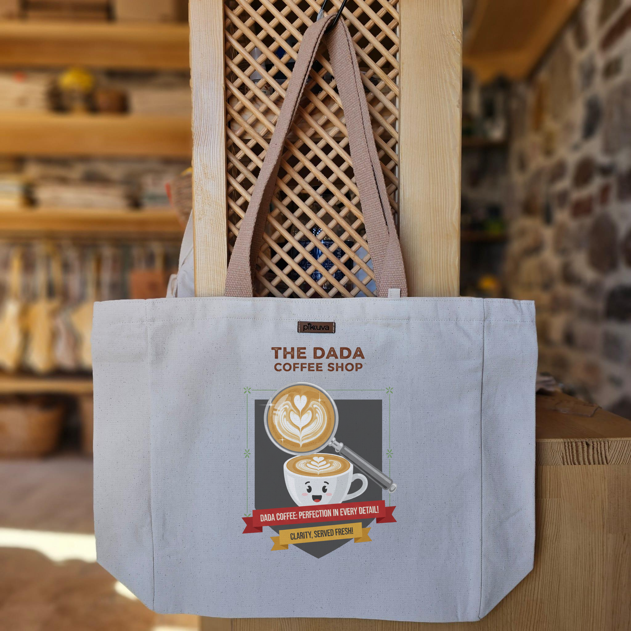 Natural Canvas Tote Bag, Light Brown Handles, White Velcro, Water Bottle Holder — 20x24