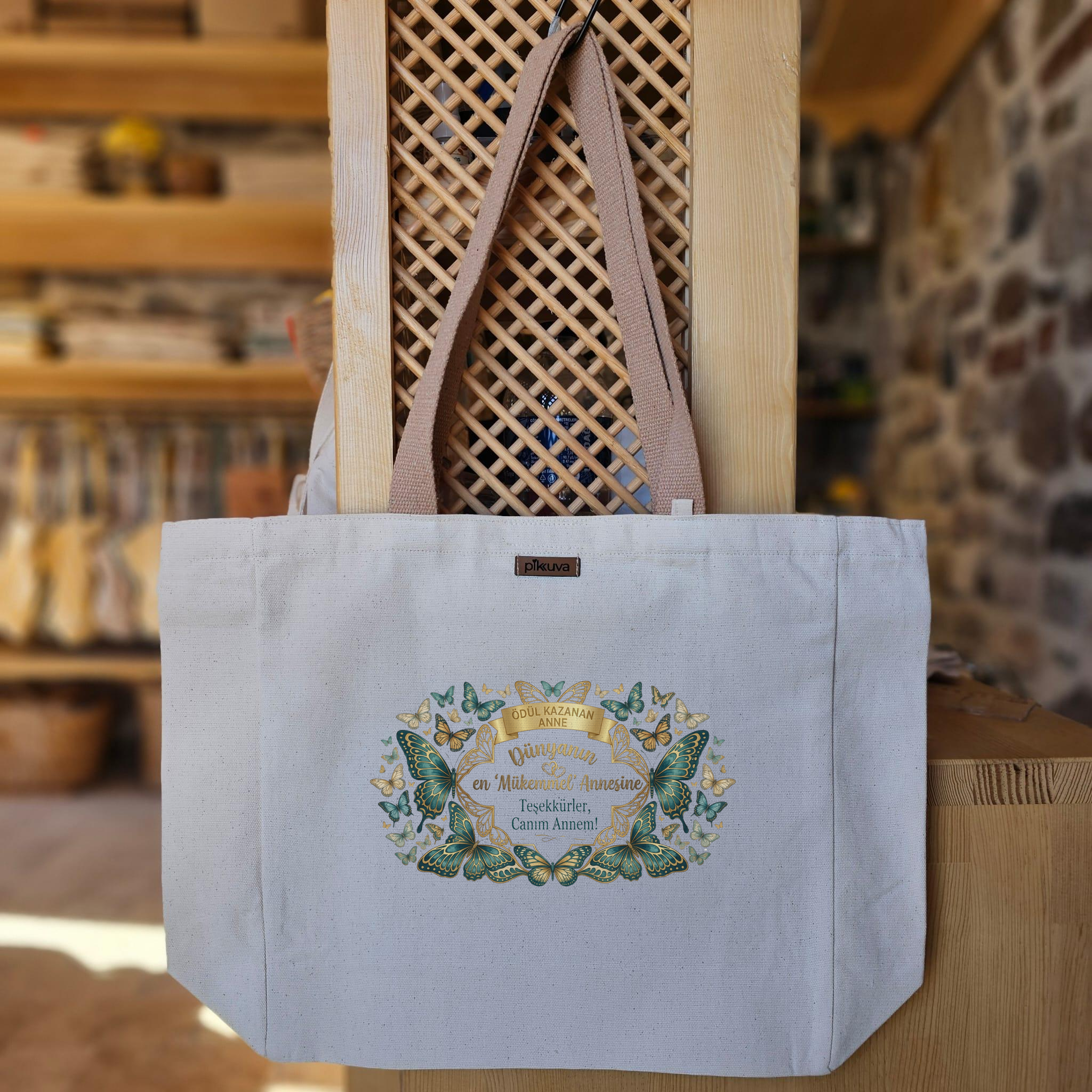 Natural Canvas Tote Bag, Light Brown Handles, White Velcro, Water Bottle Holder — 24x20
