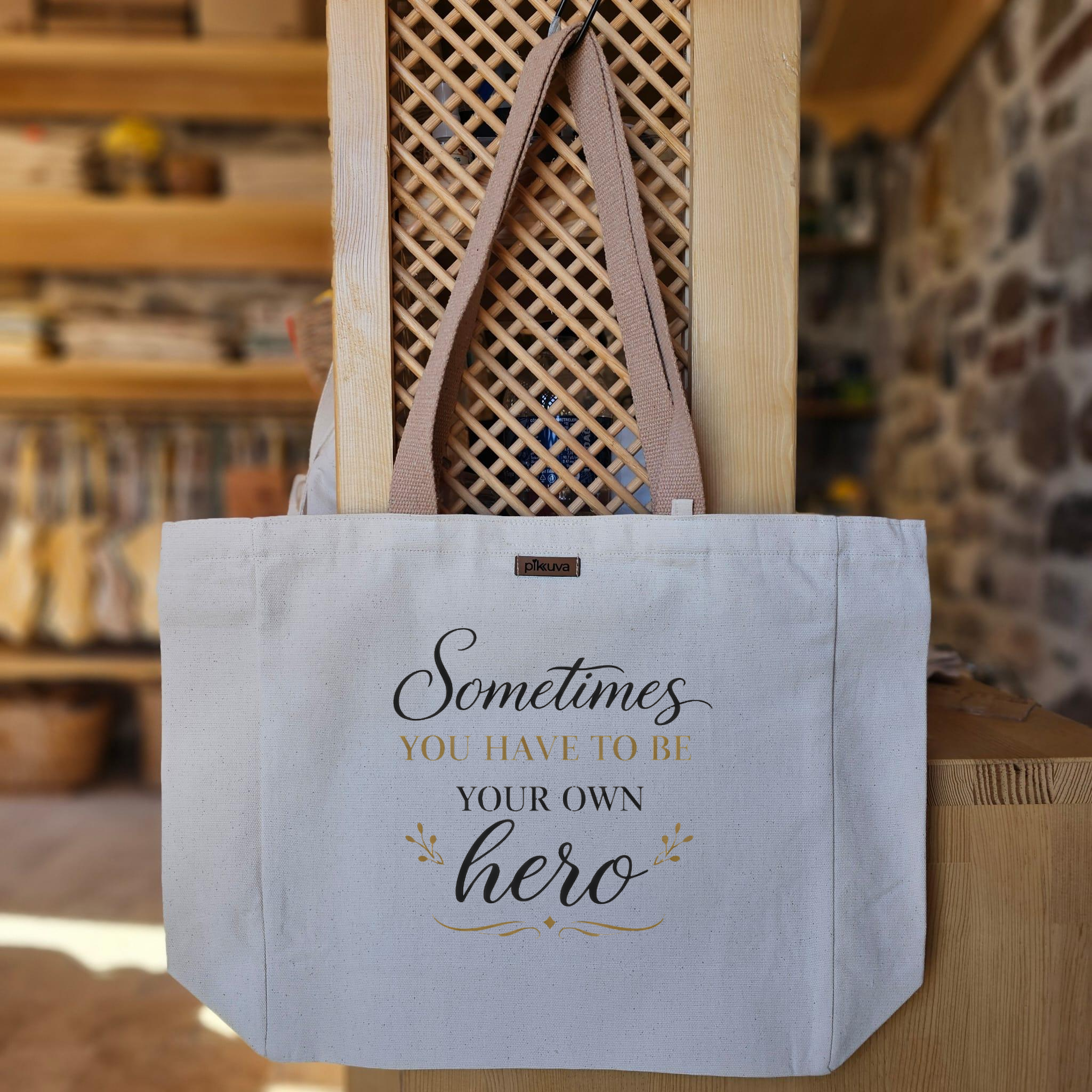 Natural Canvas Tote Bag, Light Brown Handles, White Velcro, Water Bottle Holder — 24x20