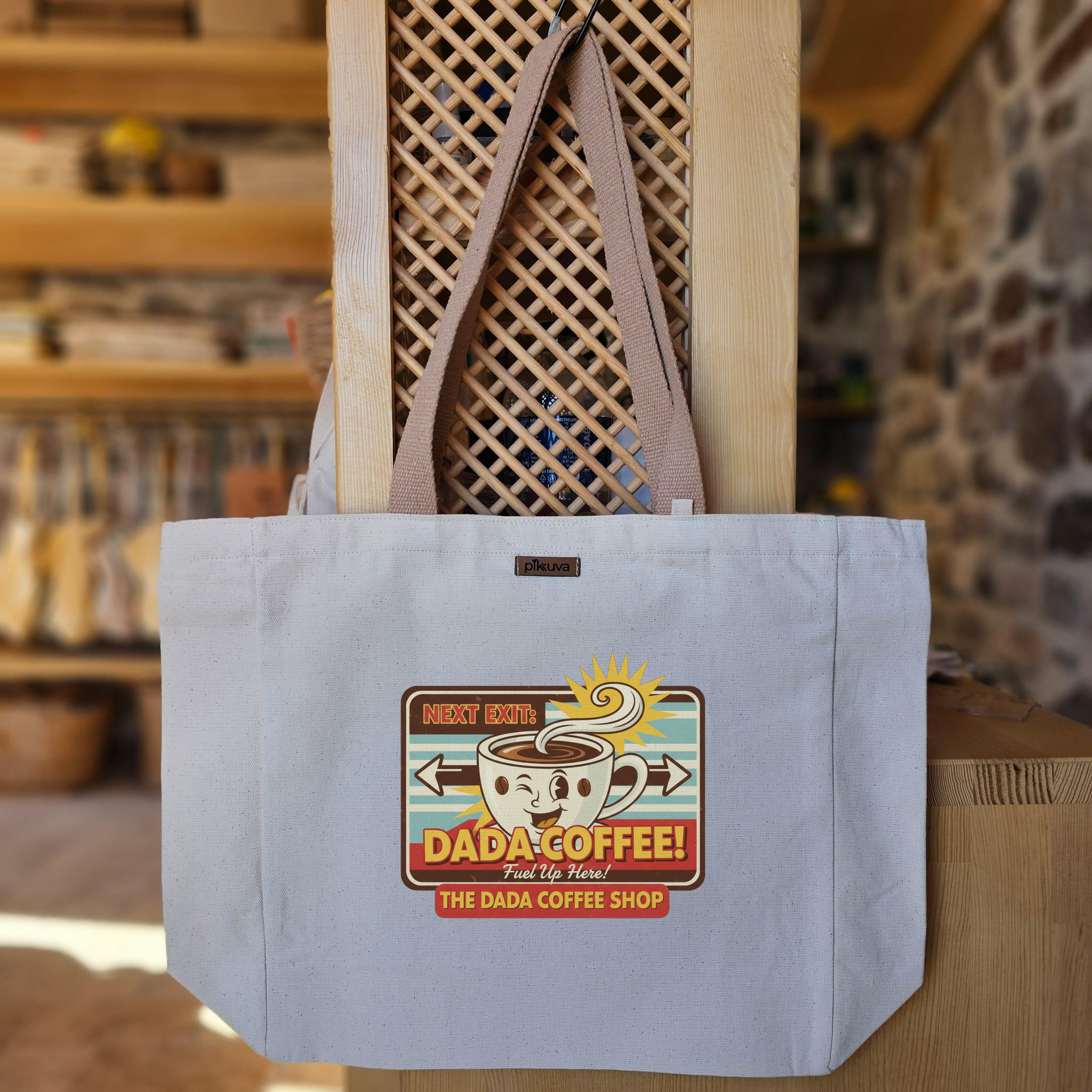 Natural Canvas Tote Bag, Light Brown Handles, White Velcro, Water Bottle Holder — 20x24