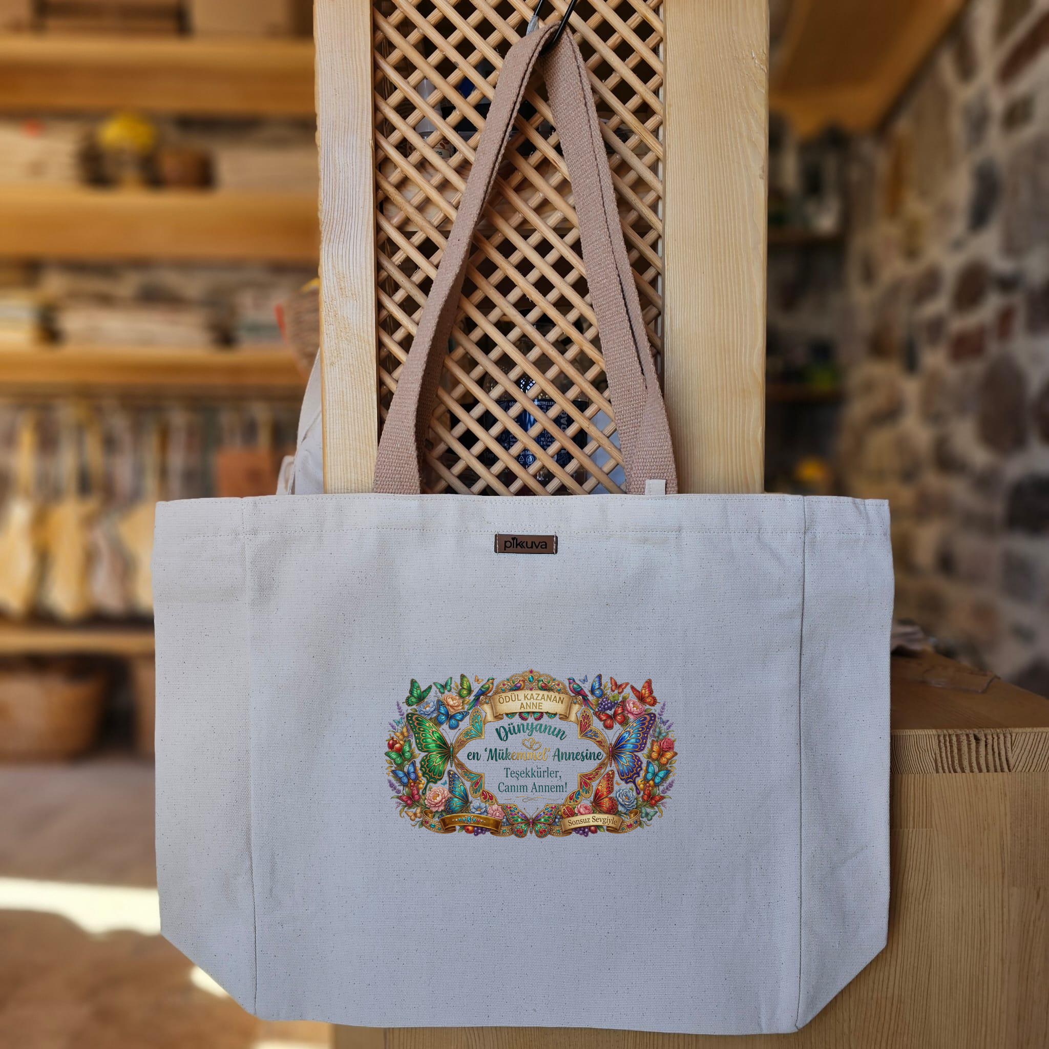 Natural Canvas Tote Bag, Light Brown Handles, White Velcro, Water Bottle Holder — 20x12