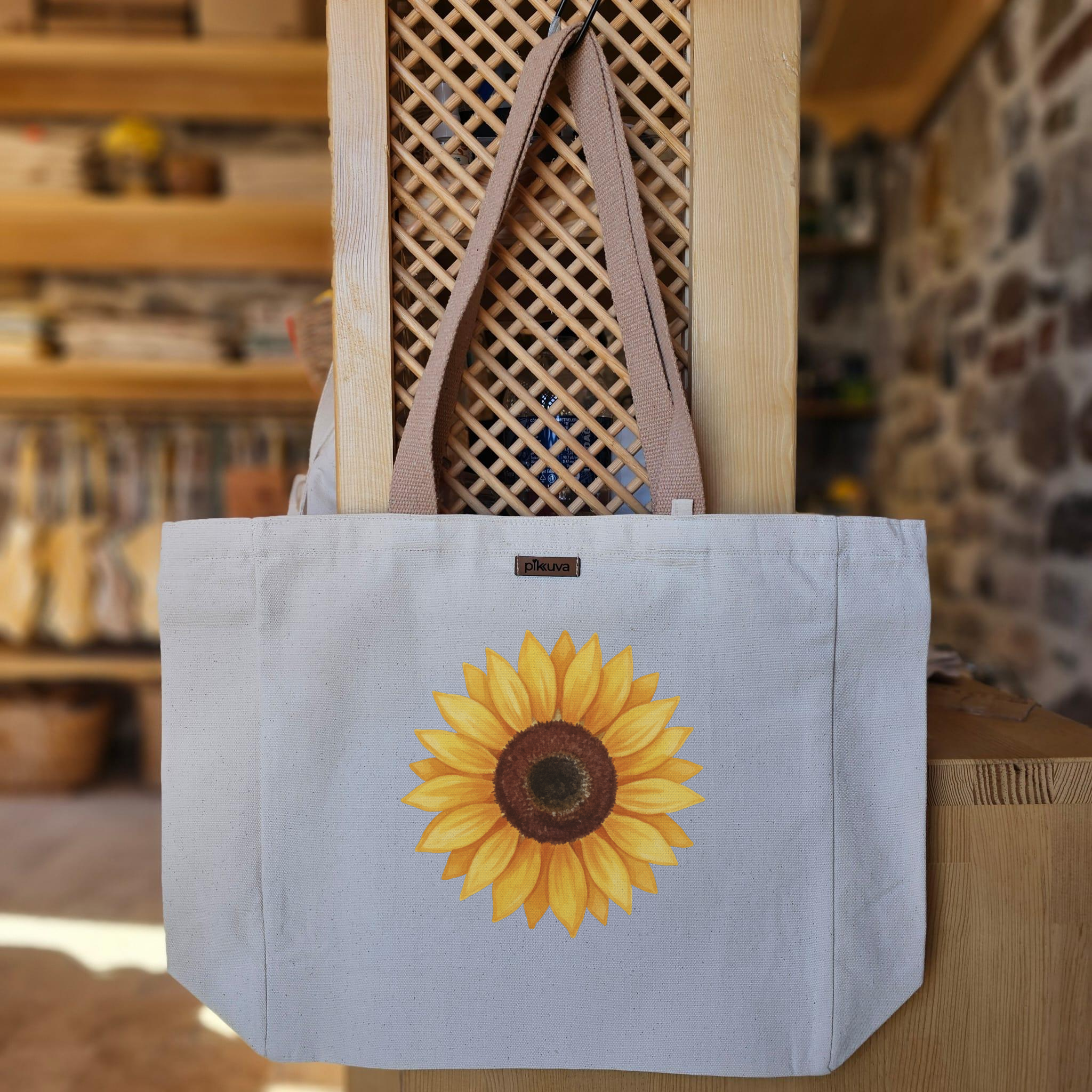 Günebakan Çiçeği Deseni Sunflower design Baskılı Naturel Kanvas Bez Çanta Açık Kahve Sap Beyaz Cırt Cırtlı Suluk Tutuculu — 20x24