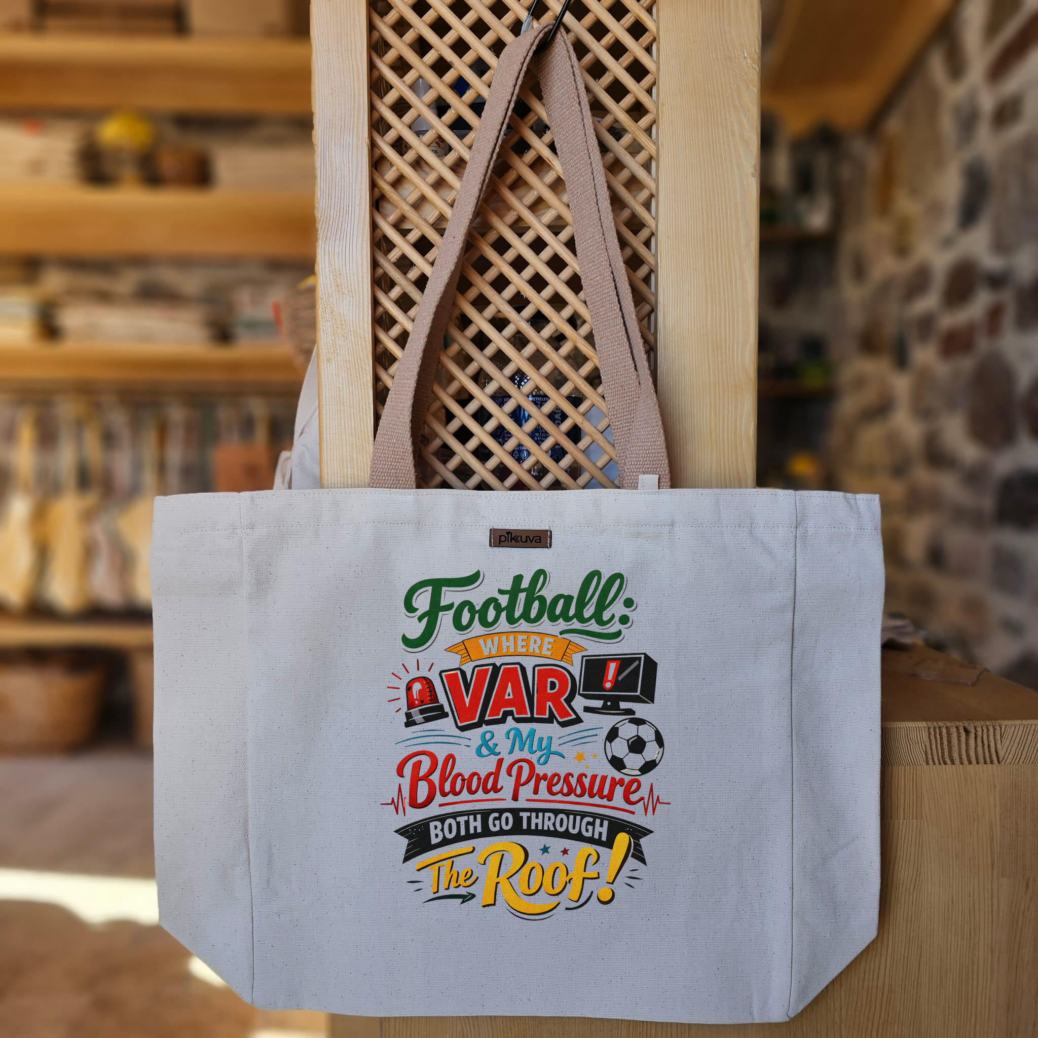 Natural Canvas Tote Bag, Light Brown Handles, White Velcro, Water Bottle Holder — 20x24