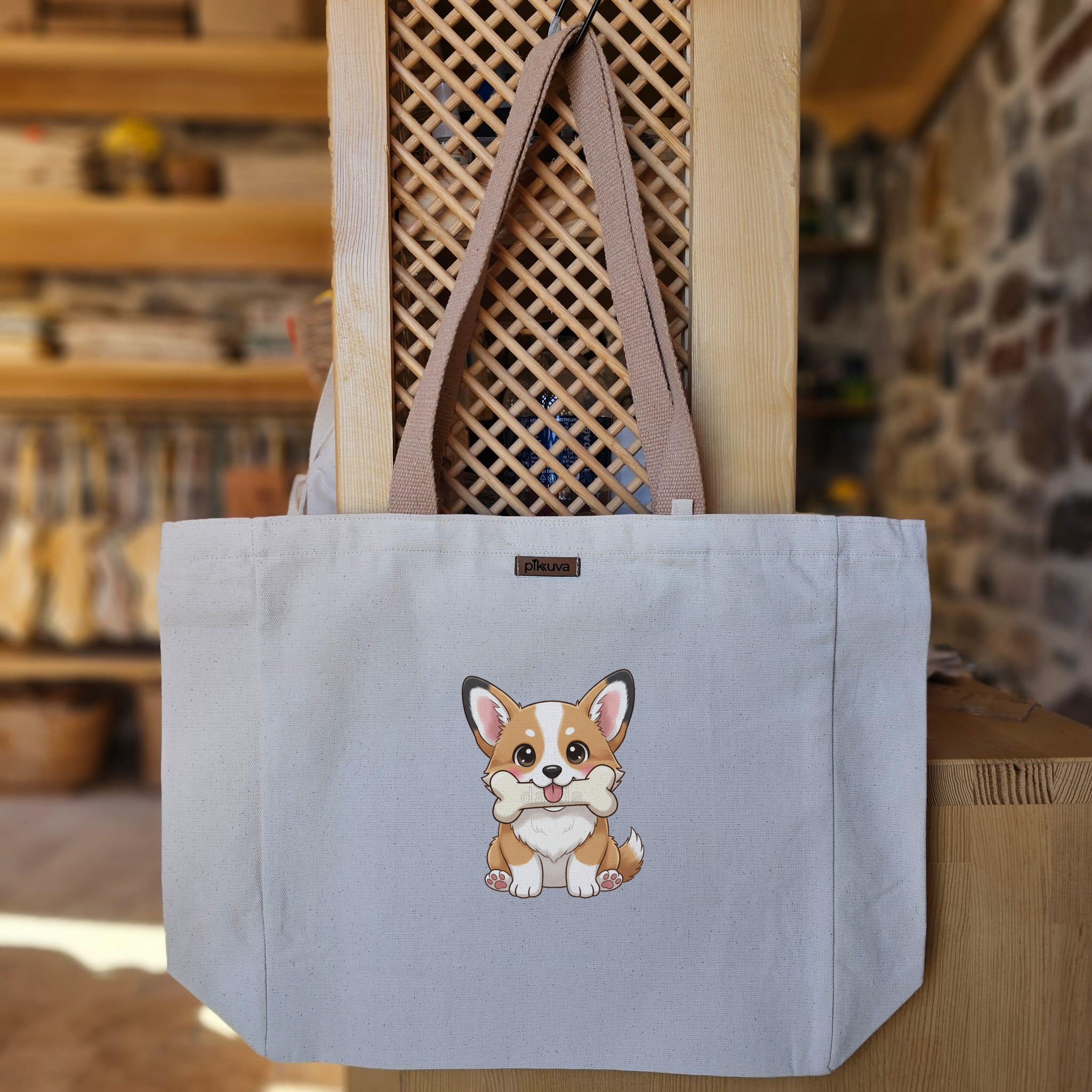 Sevimli Corgi ile Kemik Cute with a bone Baskılı Naturel Kanvas Bez Çanta Açık Kahve Sap Beyaz Cırt Cırtlı Suluk Tutuculu — 12x20