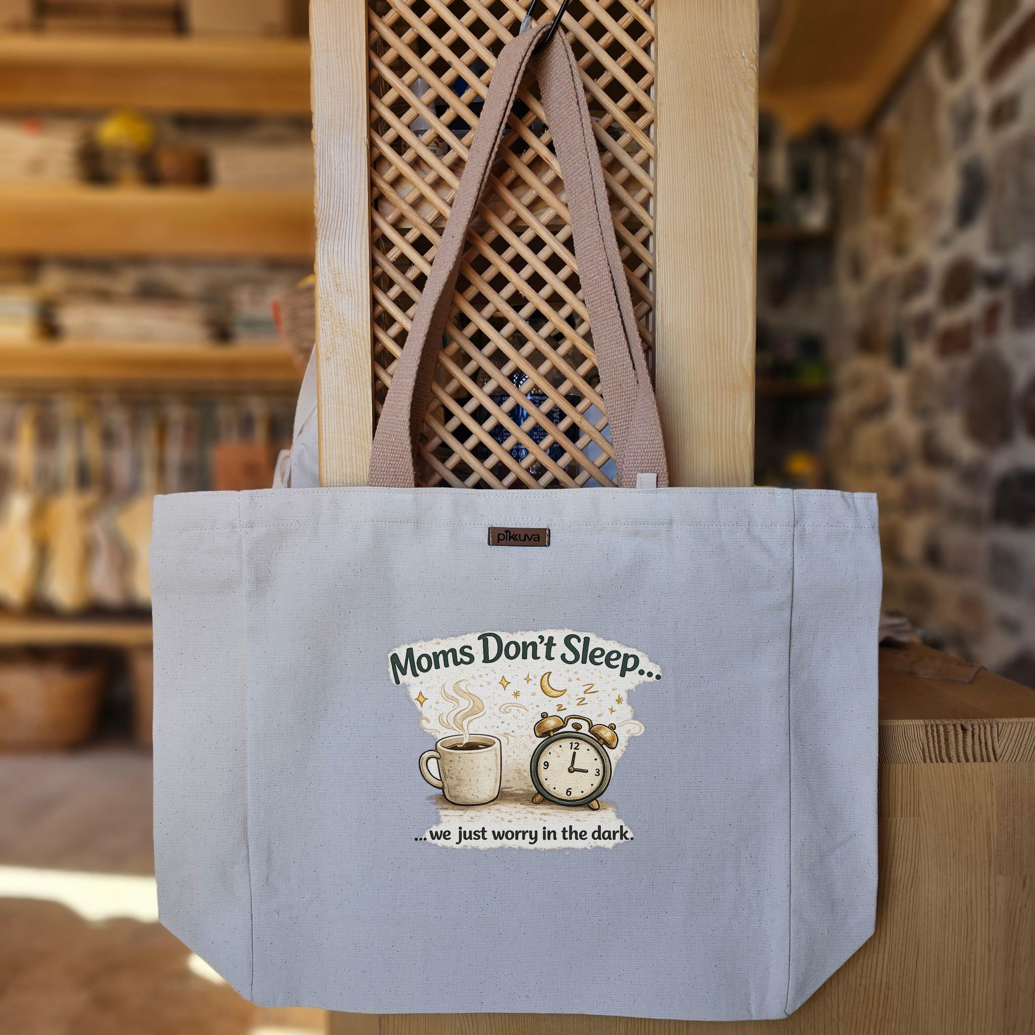 Natural Canvas Tote Bag, Light Brown Handles, White Velcro, Water Bottle Holder — 20x24
