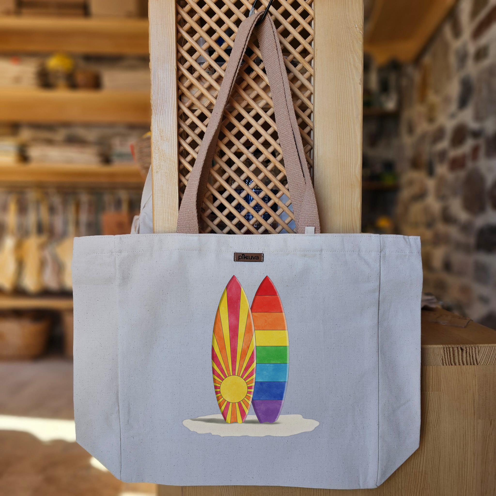 Natural Canvas Tote Bag, Light Brown Handles, White Velcro, Water Bottle Holder — 20x24