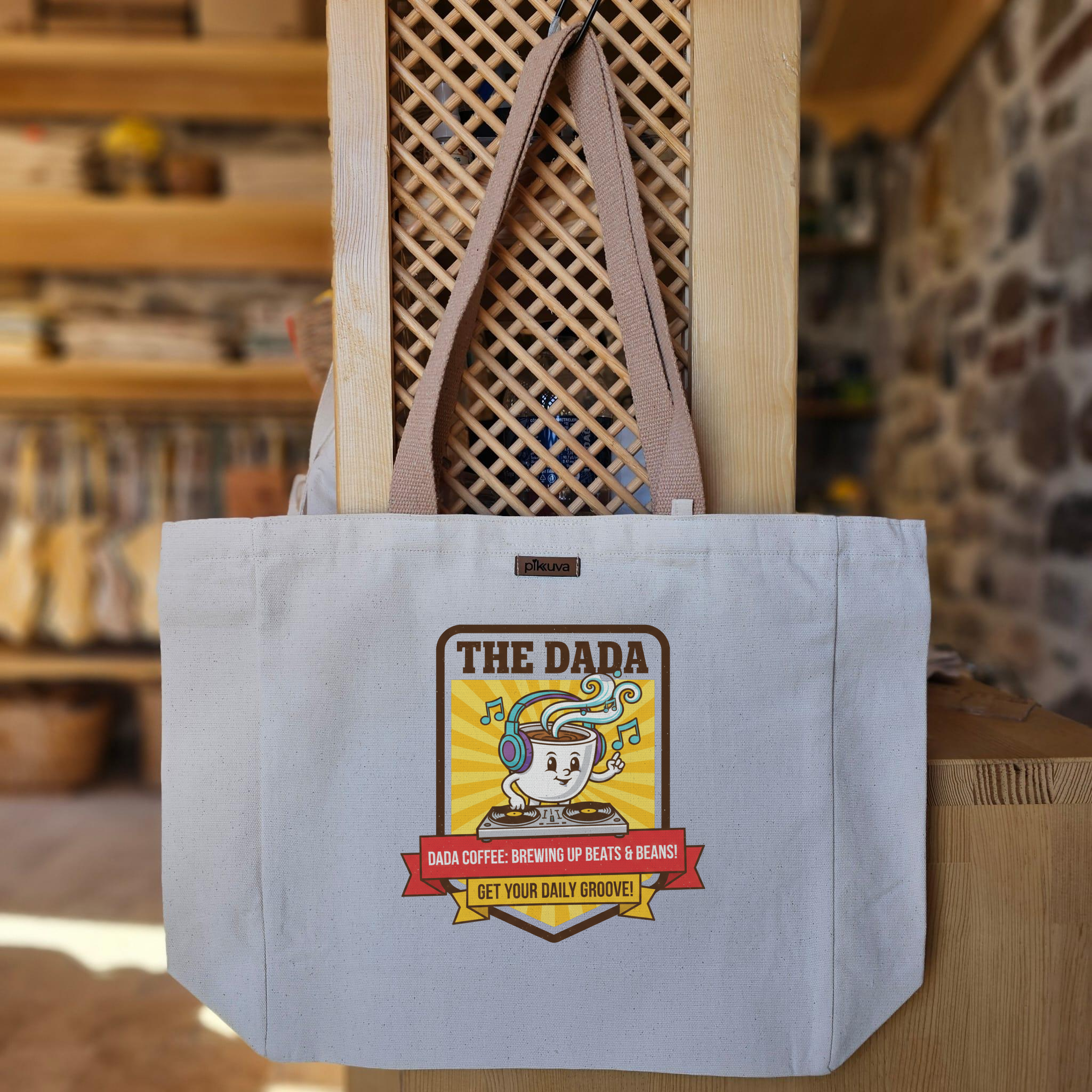 Natural Canvas Tote Bag, Light Brown Handles, White Velcro, Water Bottle Holder — 20x24