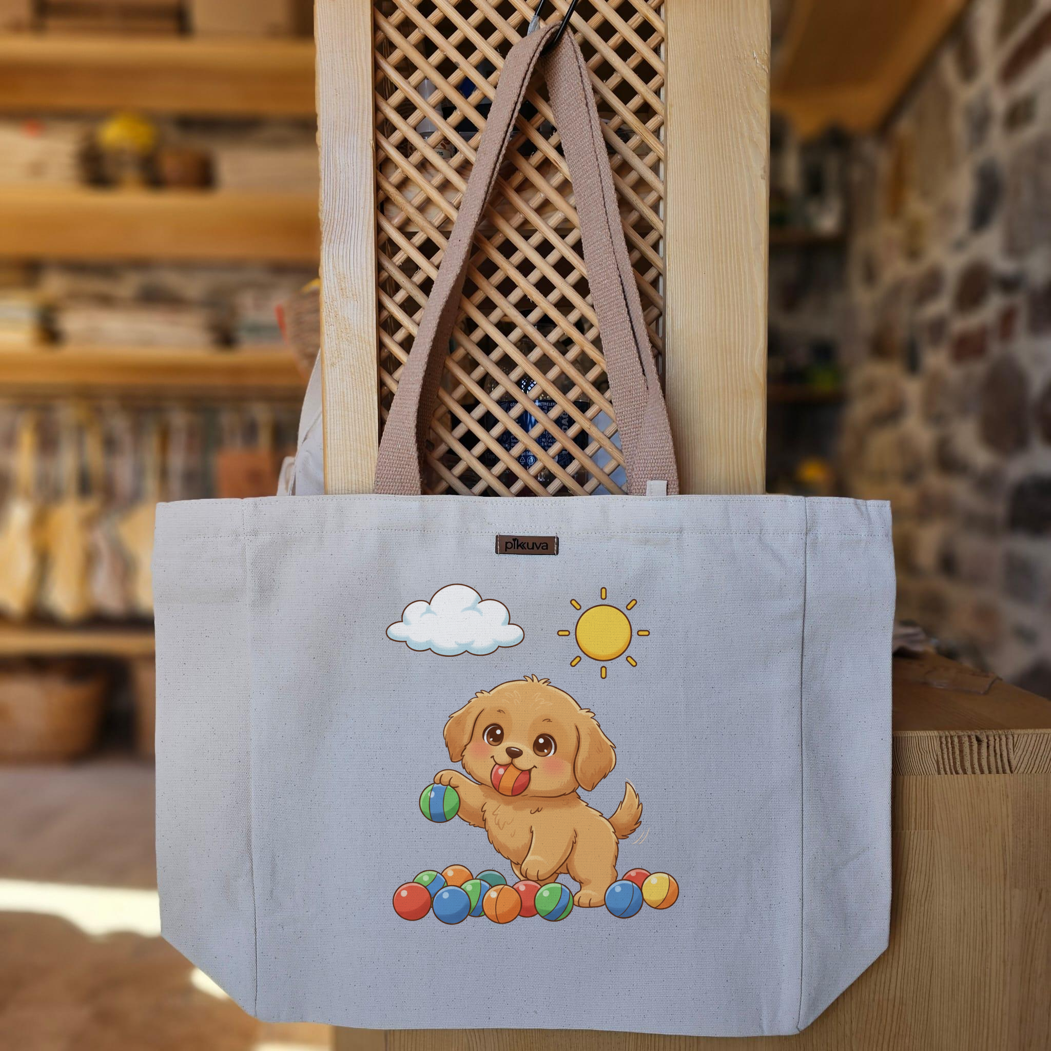 Natural Canvas Tote Bag, Light Brown Handles, White Velcro, Water Bottle Holder — 20x24