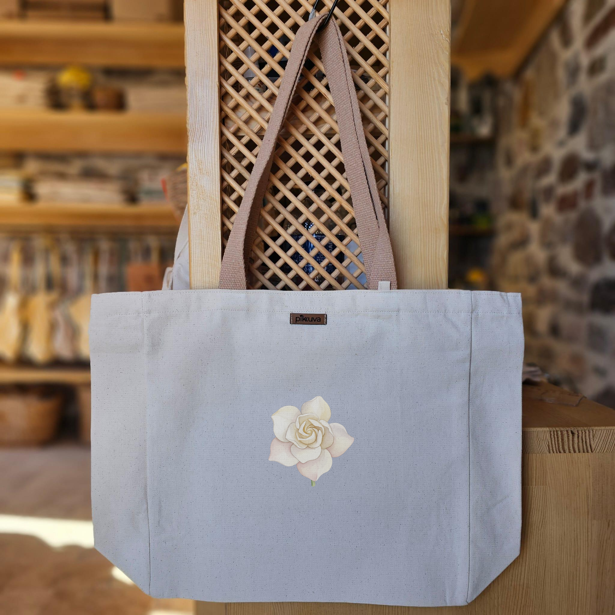 Natural Canvas Tote Bag, Light Brown Handles, White Velcro, Water Bottle Holder