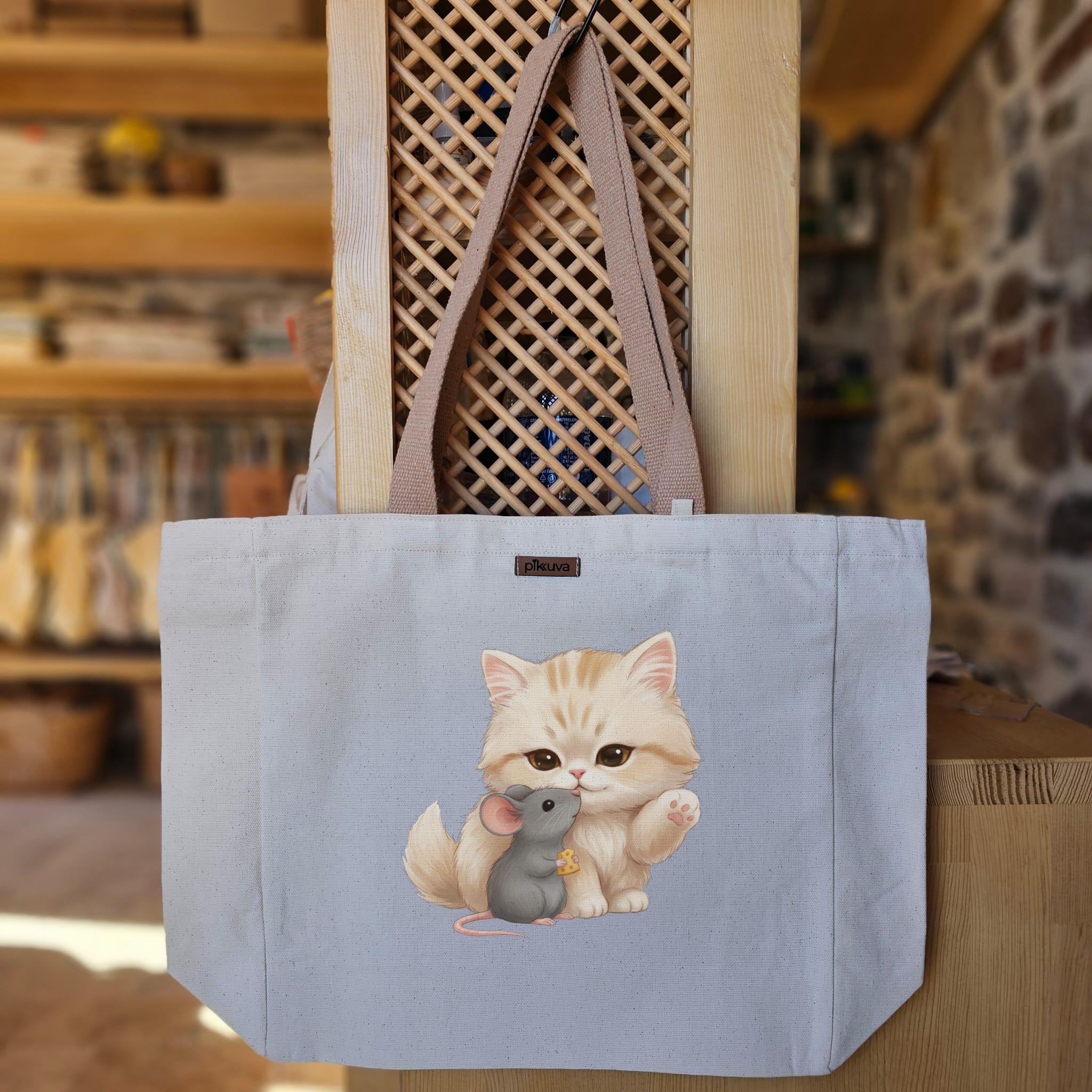 Natural Canvas Tote Bag, Light Brown Handles, White Velcro, Water Bottle Holder — 20x24